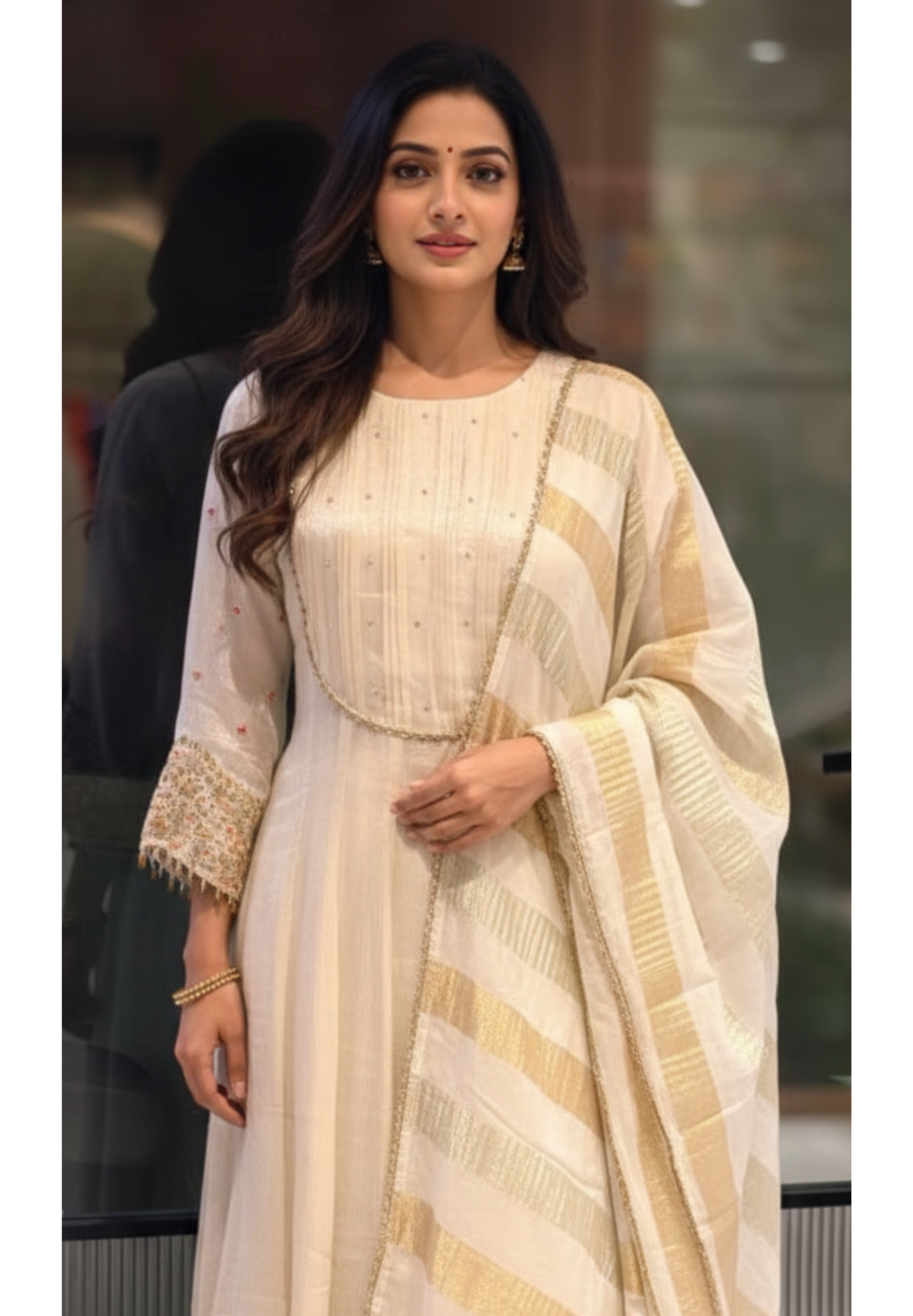 Crush Elegance Golden Lace Highlight & Sequin Handwork Sleeve Tissue Anarkali Full Suit Set With Dupatta- 13611