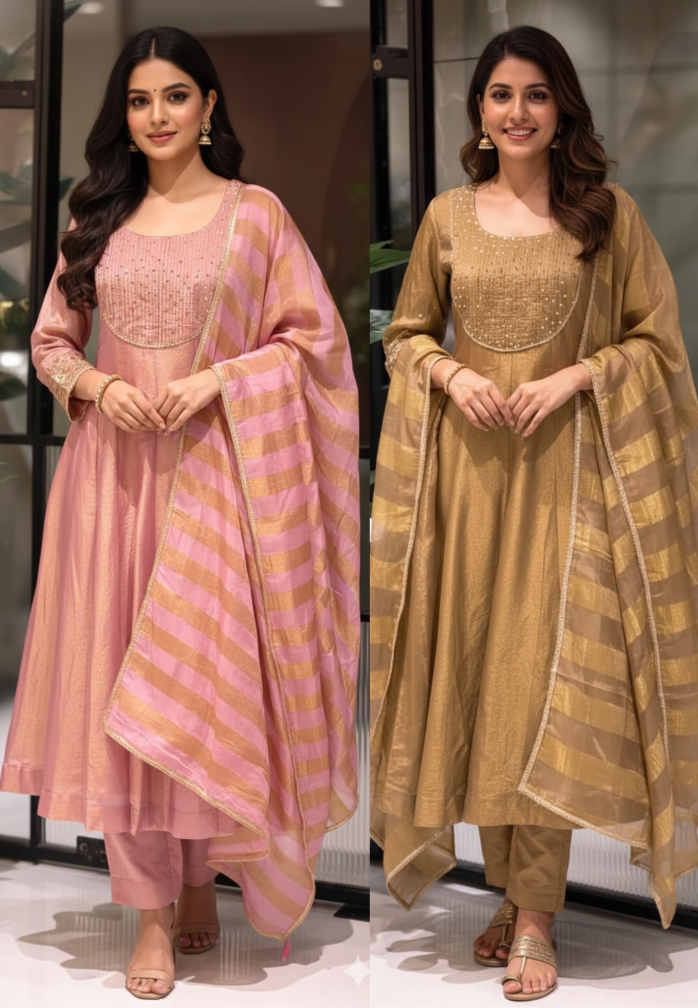 Very Elegant Sequin Pleated U-Yoke & Sleeve Panel Tissue Anarkali Full Suit Set With Dupatta- 13607
