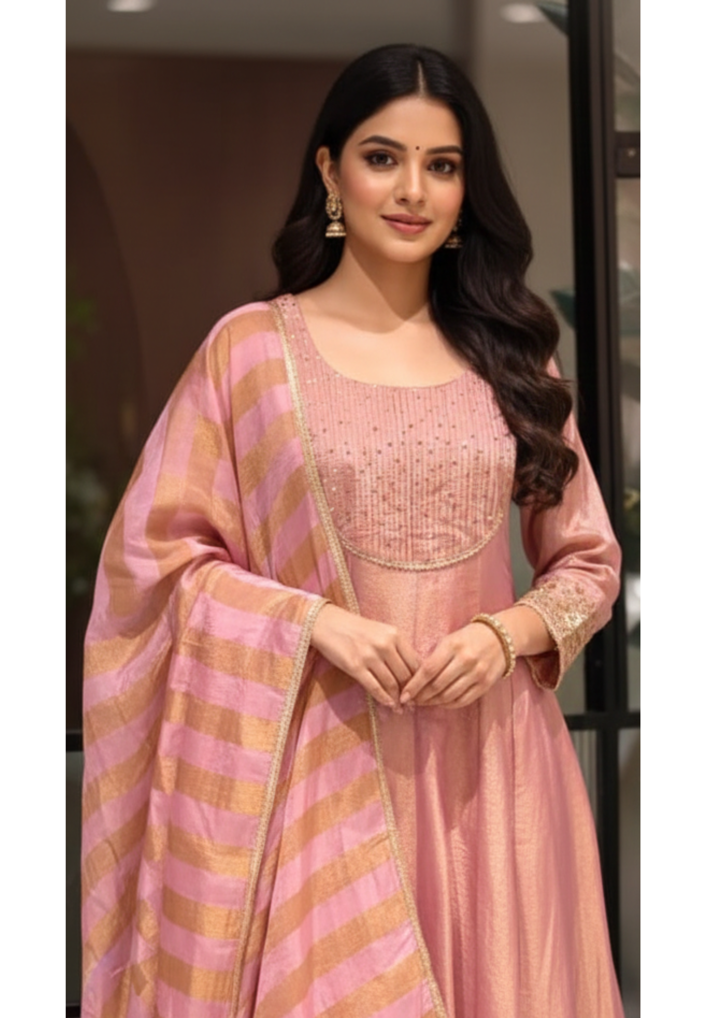 Very Elegant Sequin Pleated U-Yoke & Sleeve Panel Tissue Anarkali Full Suit Set With Dupatta- 13607