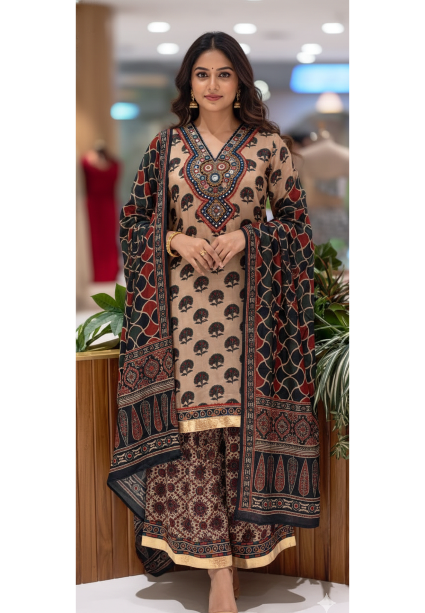 Floral Bush Print Boho Foil Mirror Neck Design Banjaran Look Unique Full Suit Set With Dupatta In Russian Silk Fabric- 13517