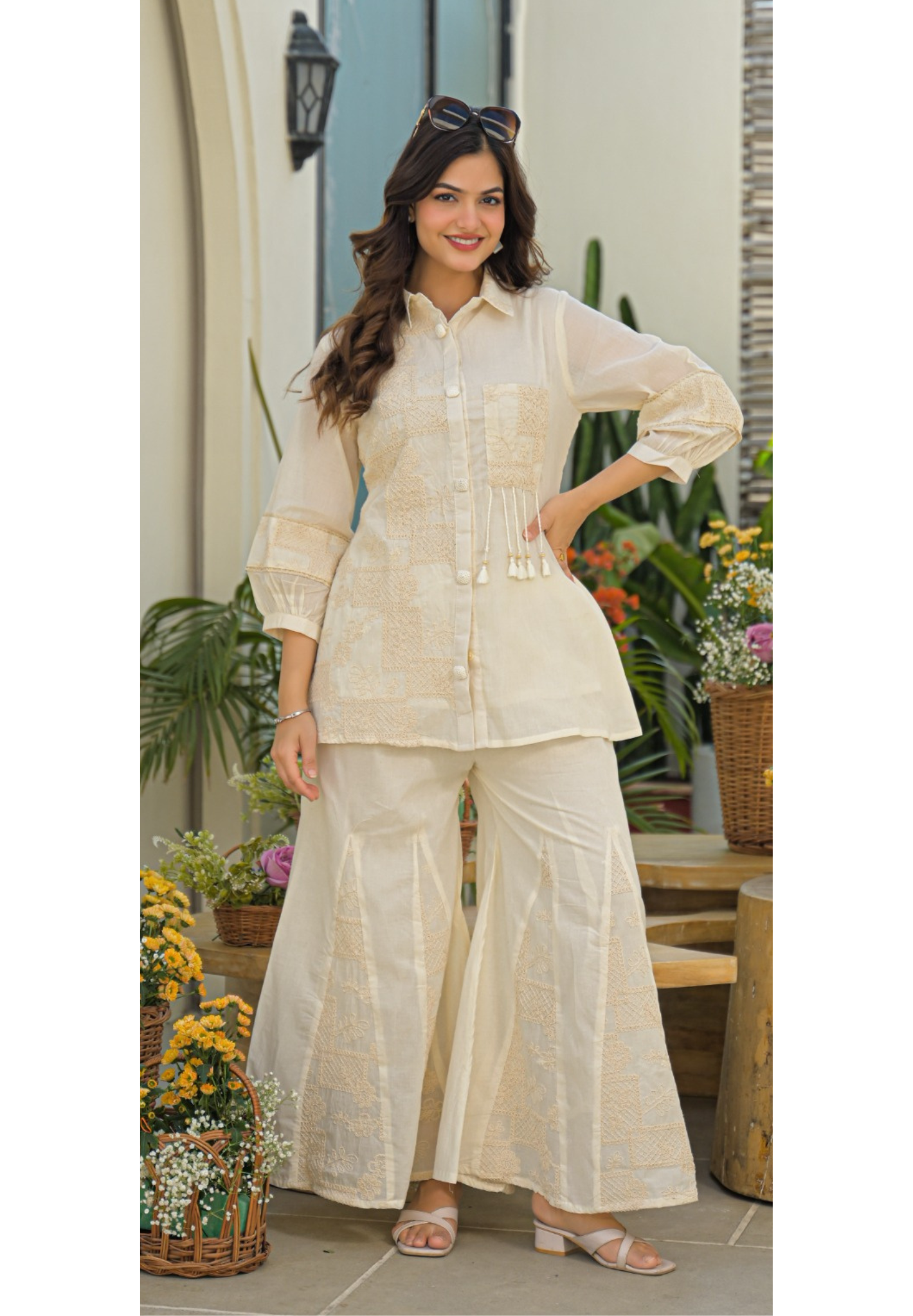 Serene Cream Heirloom Thread Embroidered Co-Ord Set In Kora Cotton Fabric- 13616
