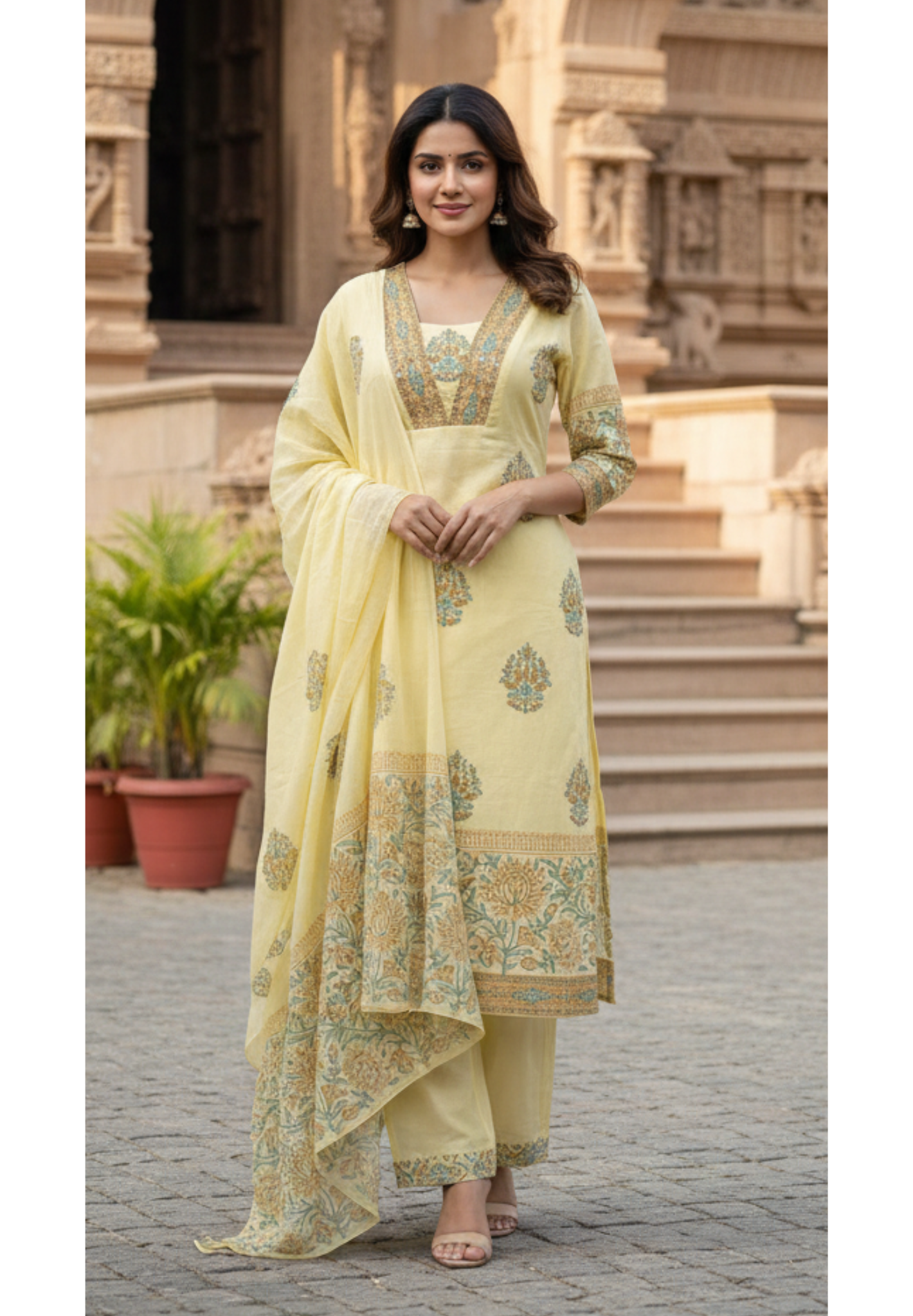 Handloom Printed Soft Tone Straight Full Suit Set With Dupatta In Cotton Fabric- 13619