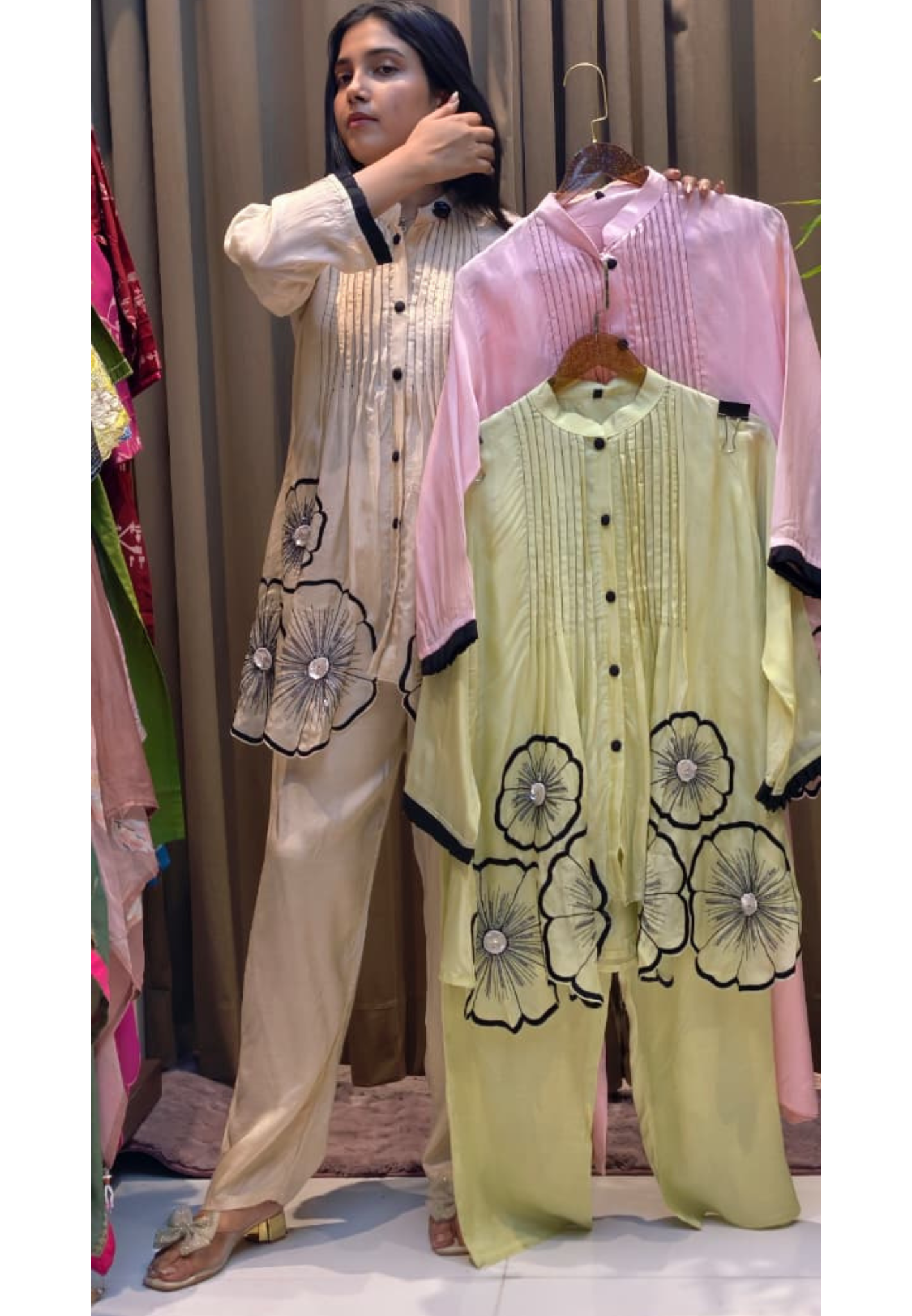 3D Floral Patch Look Pleated Front Design Matching Co-Ord Set In Organza Fabric-13612