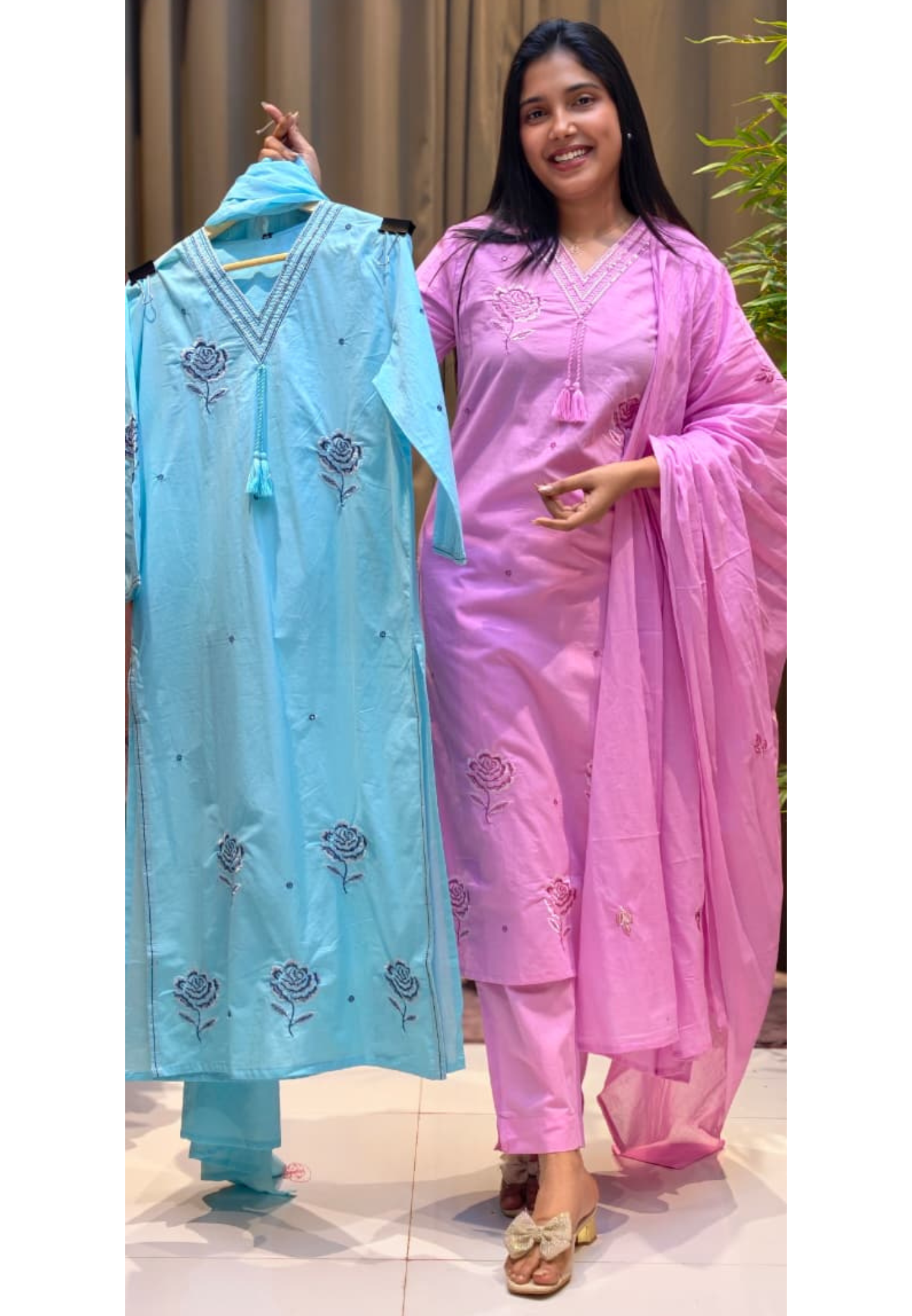 Floral Embroidery With Silver Sequin Upwork & Neck Line Full Suit Aet With Dupatta In Cotton Fabric- 13620