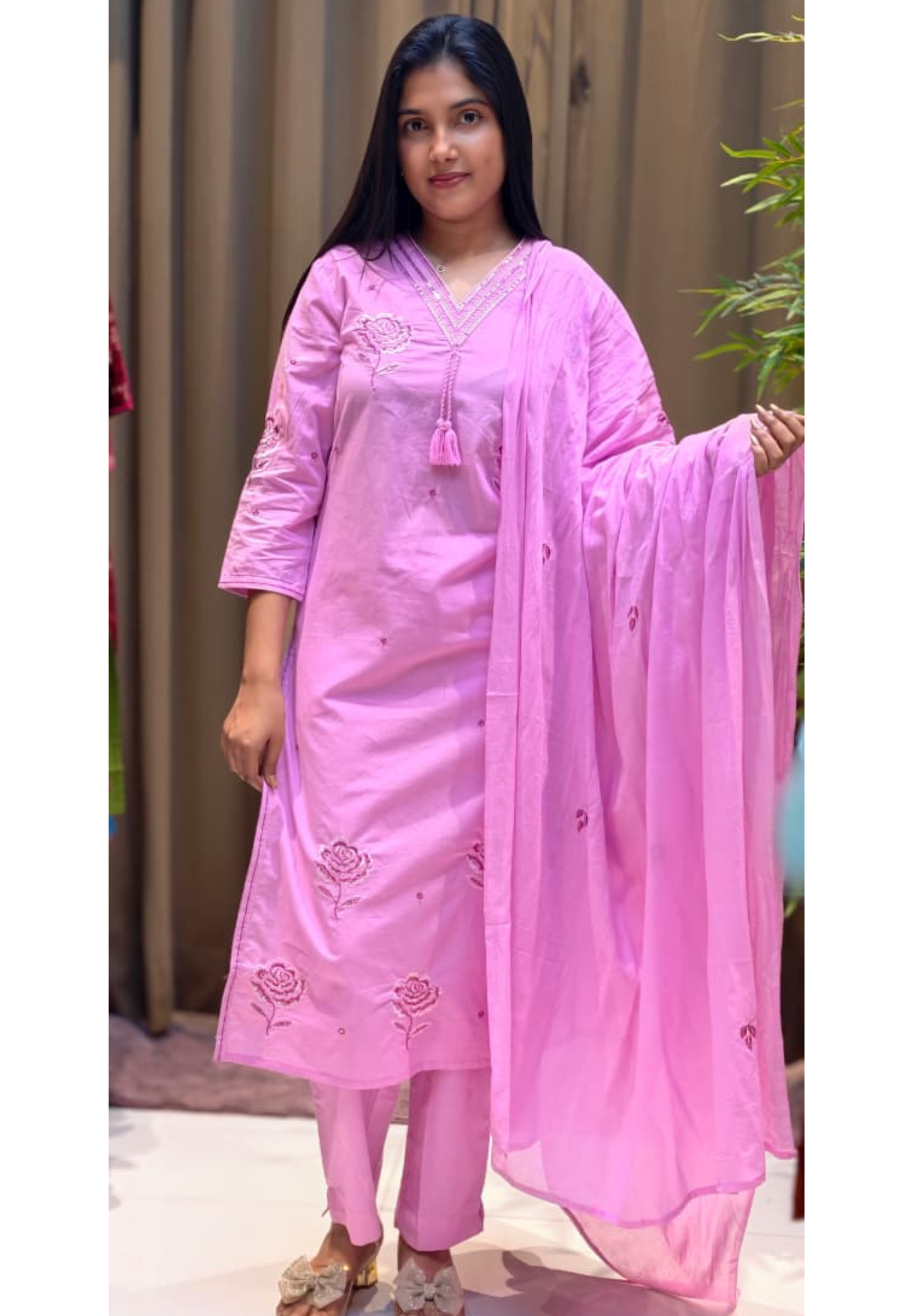 Floral Embroidery With Silver Sequin Upwork & Neck Line Full Suit Aet With Dupatta In Cotton Fabric- 13620