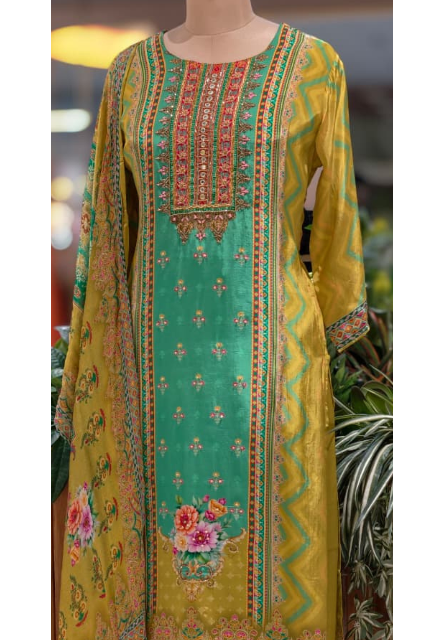 Olive Statement Weavy Print Embroidered Yoke Vibrant Full Suit Set With Dupatta In Crepe Fabric- 13501