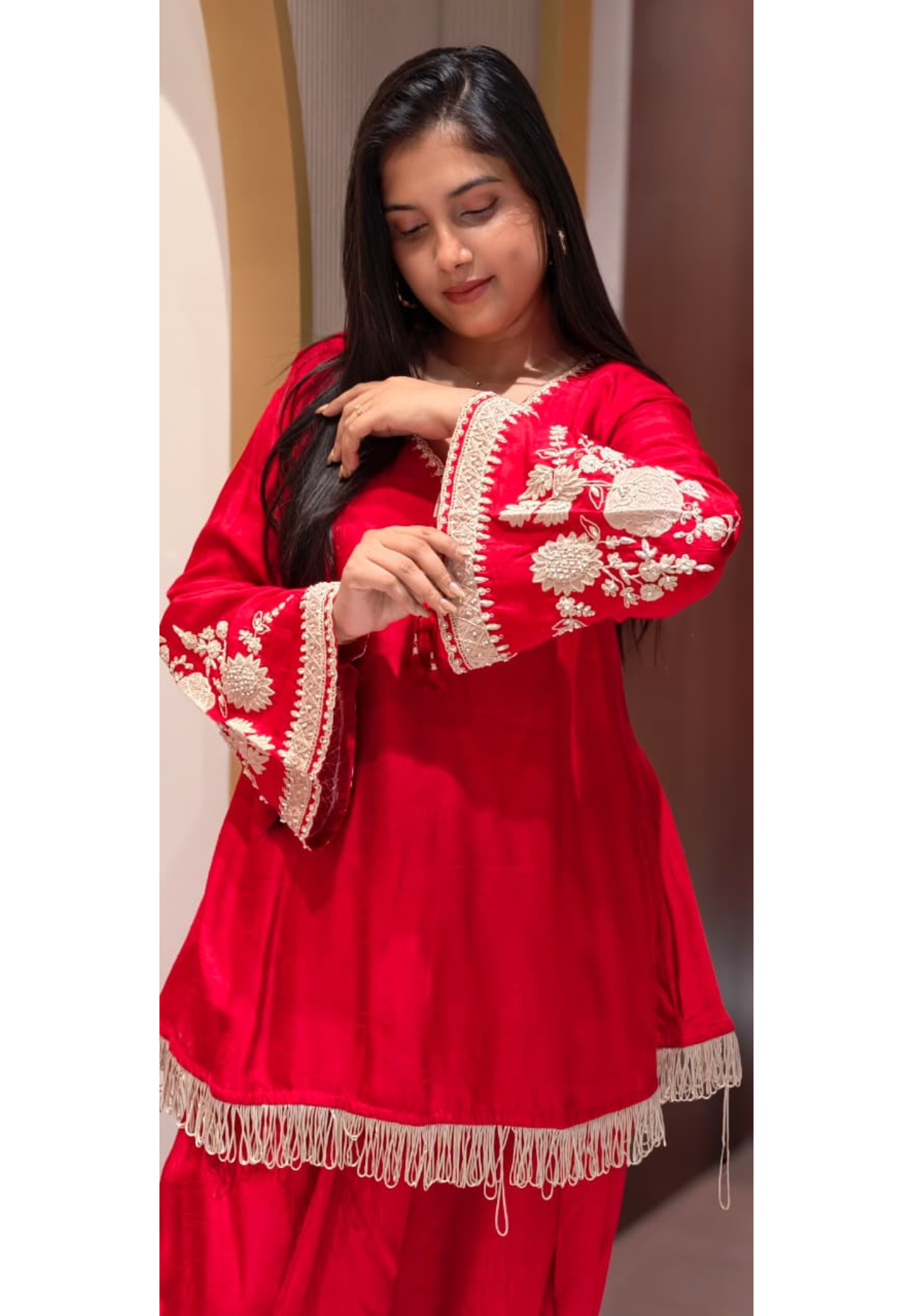 Carnival Inspired Designer Look Unique Cut Vibrant Indo Wear Kurta With Harem Bottom Set Fabric Russian Silk- 13258