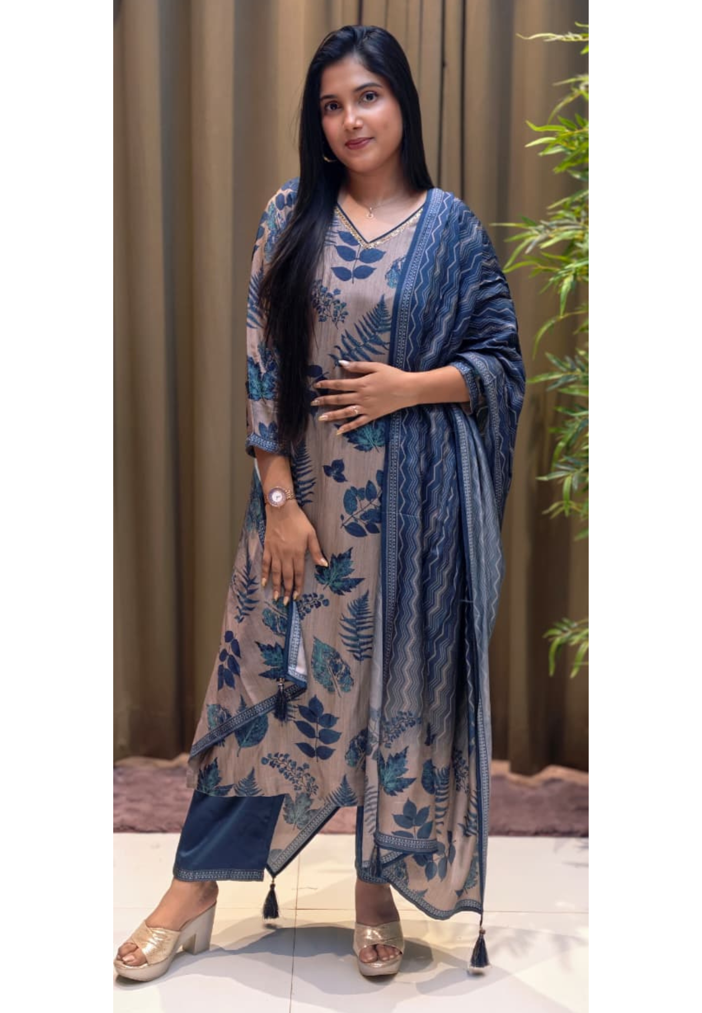 Botanical Blue Leaf Ensemble Printed Full Suit Set With Dupatta In Dola Silk Fabric- 13601