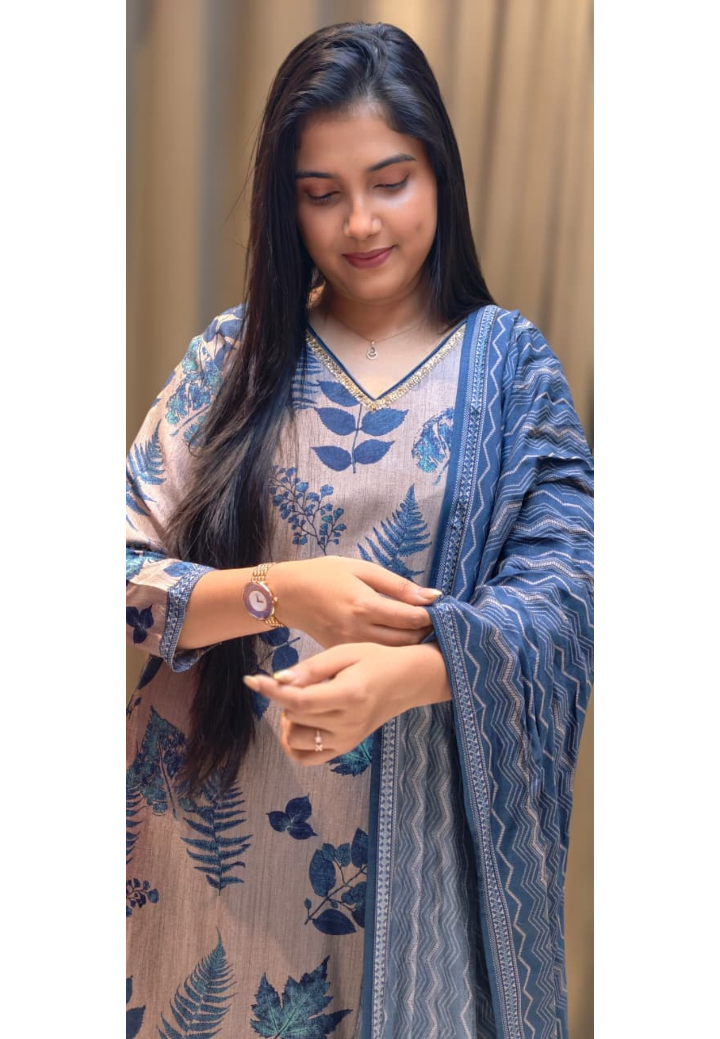 Botanical Blue Leaf Ensemble Printed Full Suit Set With Dupatta In Dola Silk Fabric- 13601