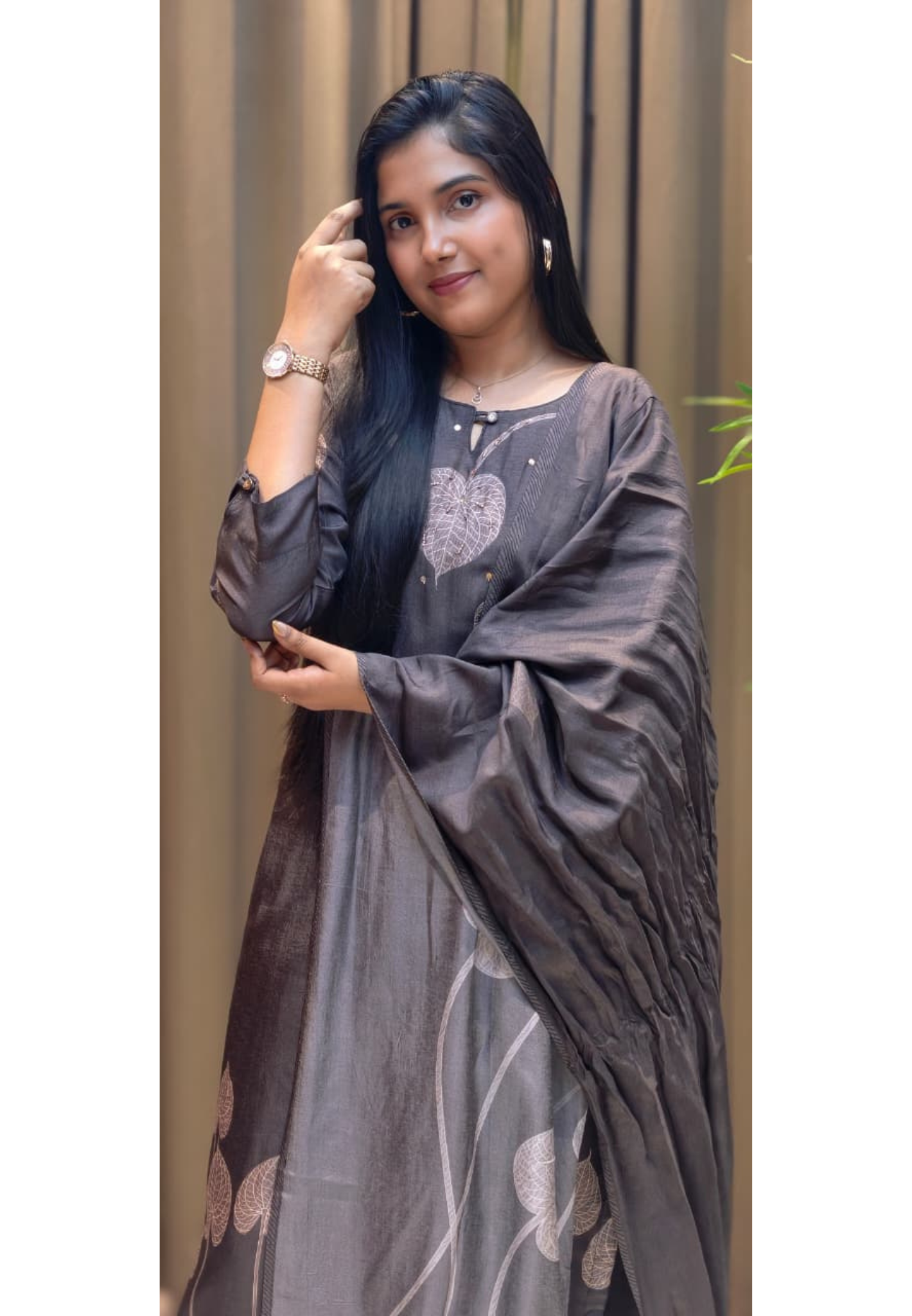 Giant Leafy Branched Minimal Print Full Suit Set With Dupatta In Dola Silk Fabric- 13603