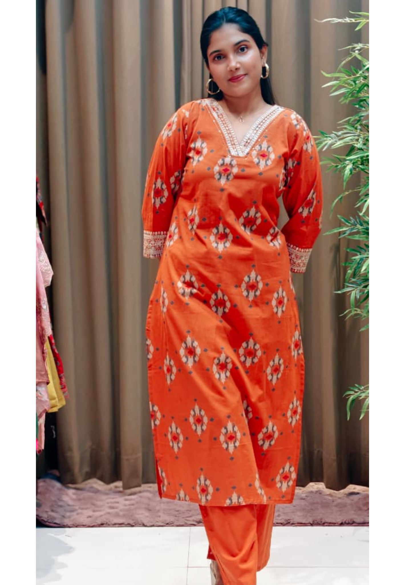 Abstract Print Minimal Thread Embroidered Neck Line Cotton Kurta Pant Set- 13527