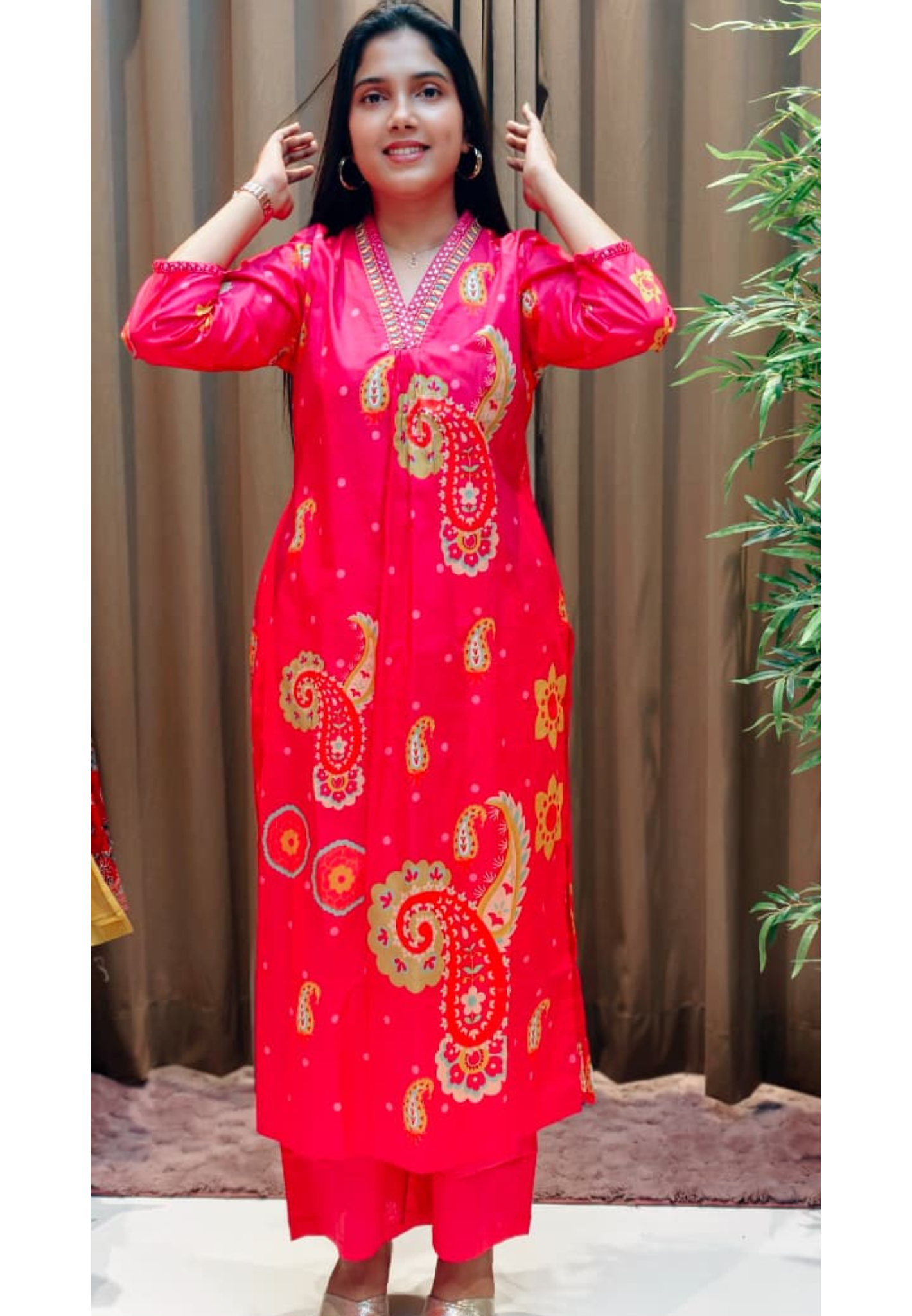Printed Paisley Minimal Neck Embroidery A-Line Kurta Pant Set In Cotton Fabric- 13562