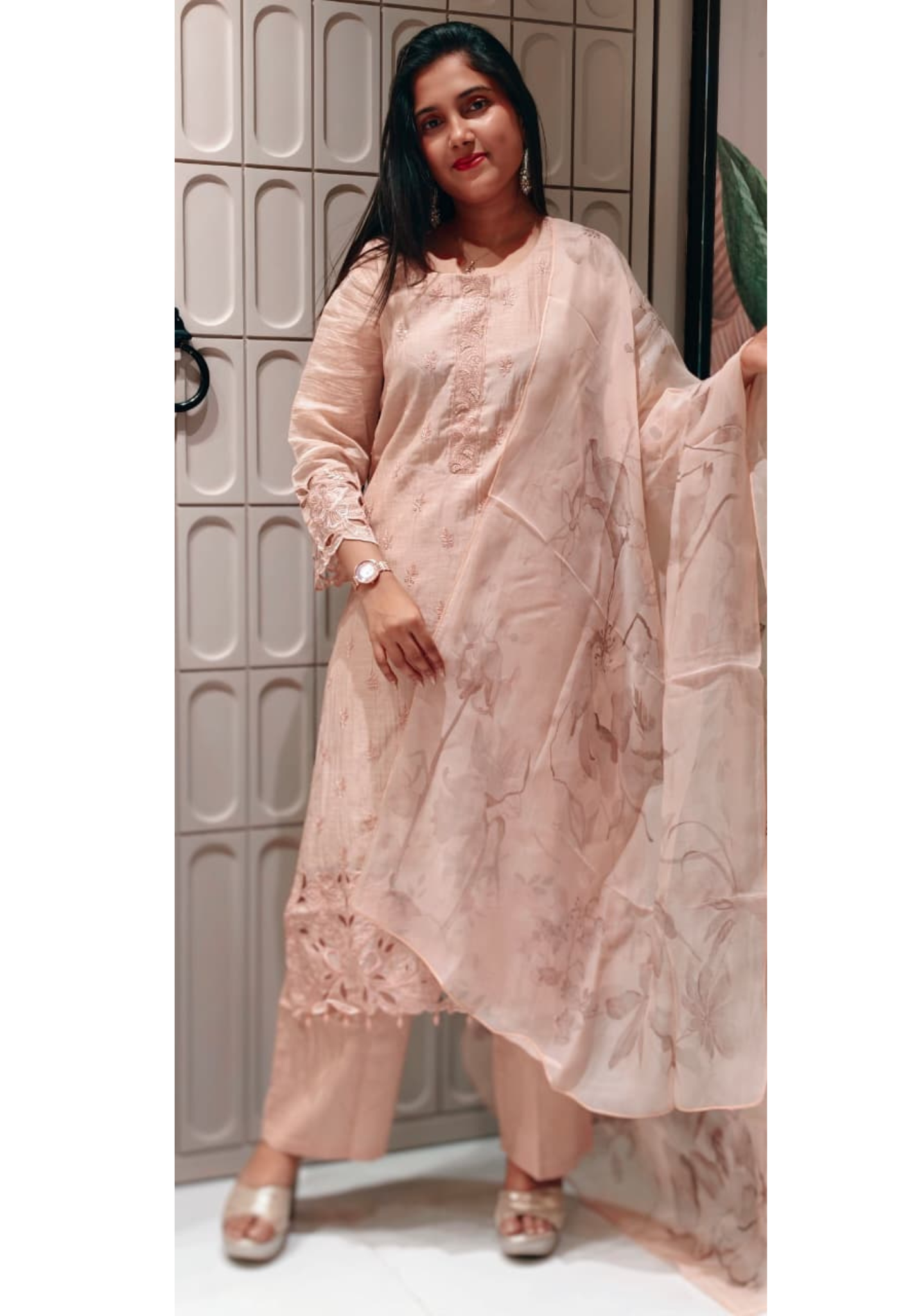 Premium Pure Mul Chanderi Pastel shade Embroidered Kurti with Fine Thread Motifs, Lace Sleeves & Cutwork Border-13652