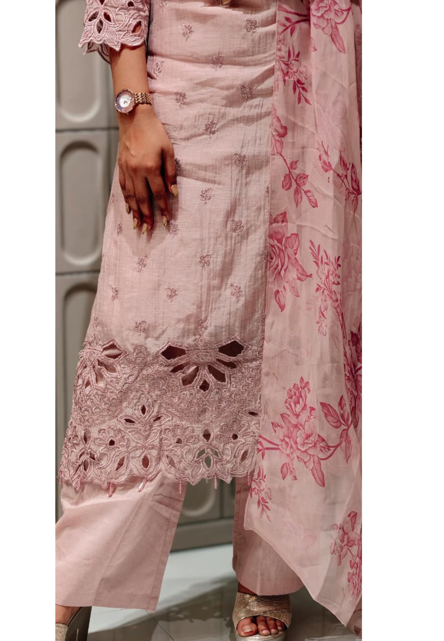 Premium Pure Mul Chanderi Pastel shade Embroidered Kurti with Fine Thread Motifs, Lace Sleeves & Cutwork Border-13652