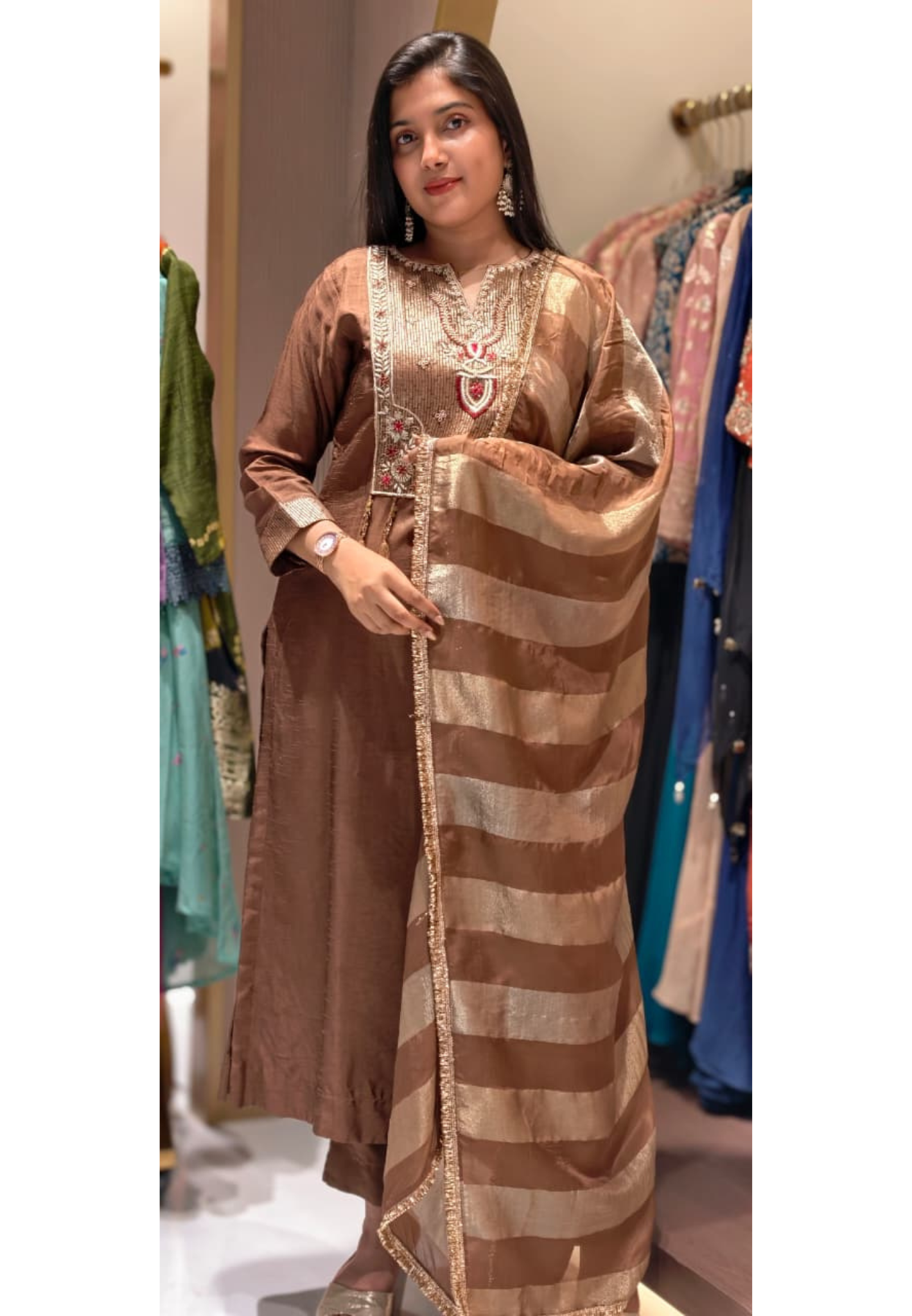 Classic Russian Silk Straight-Fit Kurta with Detailed Ethnic Embroidery and Stylish Striped Dupatta-13053