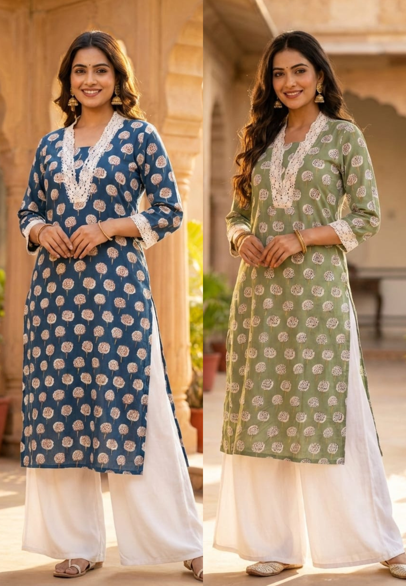 Cotton Kurti Earthy Trendy Printed Crosia Laced V-Neck Kurti Only -13683(Dispatching After 1 Week)