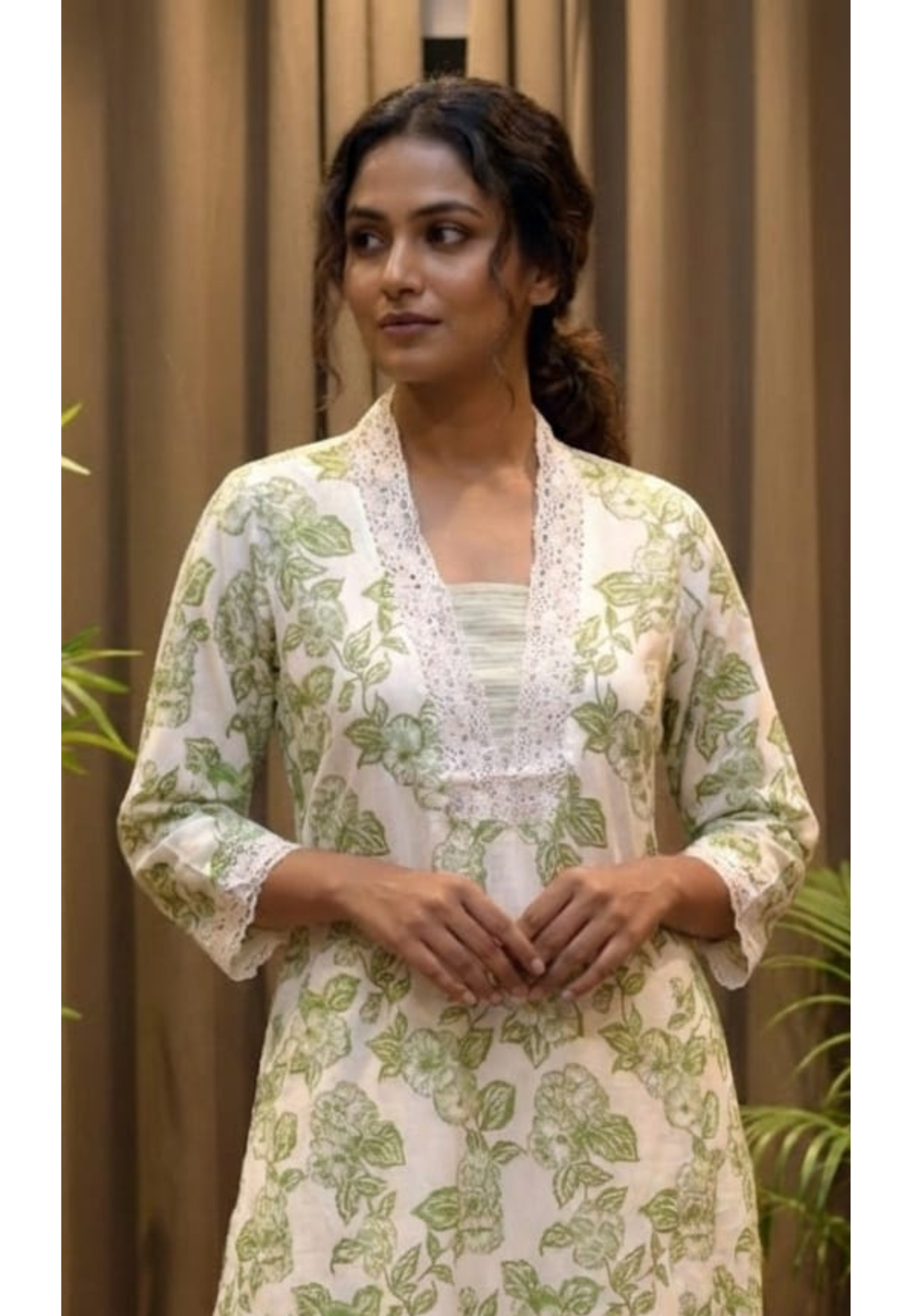 Large Botanical Leaf Prints Laced Work Cotton Kurti Only-13683 (Dispatching After 1 Week)
