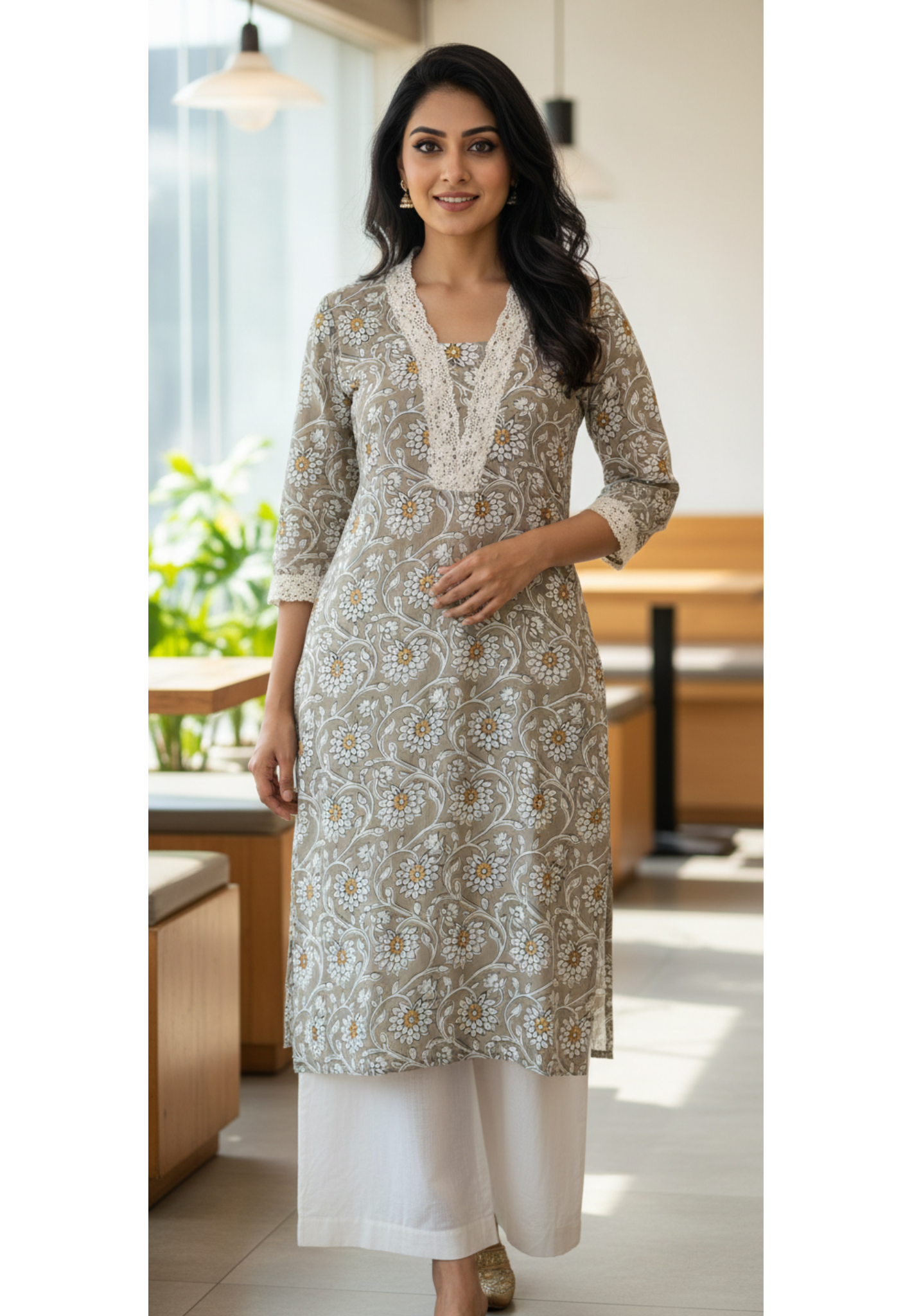 Nature’s Net Floral Printed Laced Elegance Cotton Kurti- Only-13683 (Dispatching After 1 Week)
