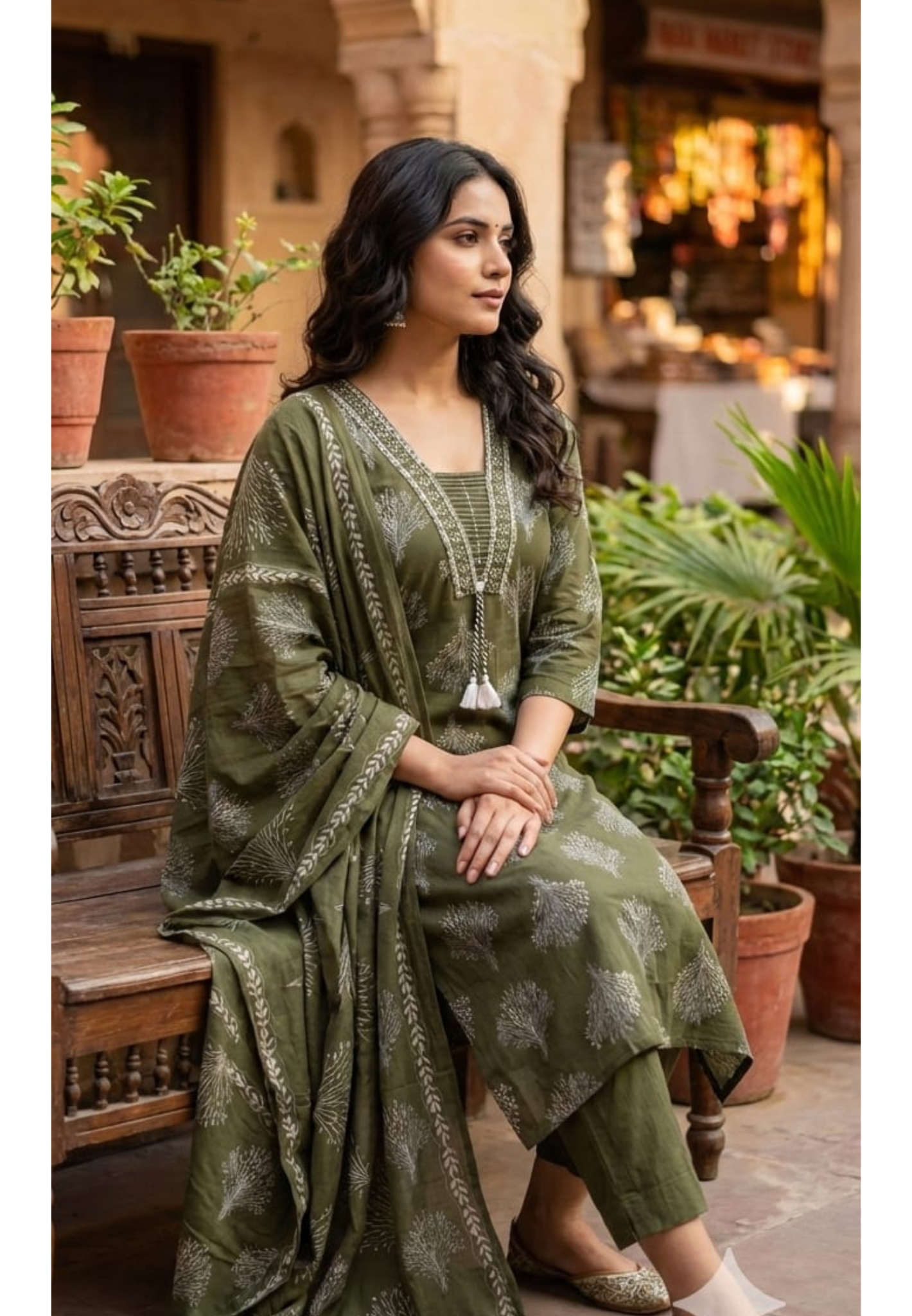 Cotton Elegant Hand block Print Kurta Set with Intricate Border Detailing & Tassel Tie-Up Neck Full Suit Set