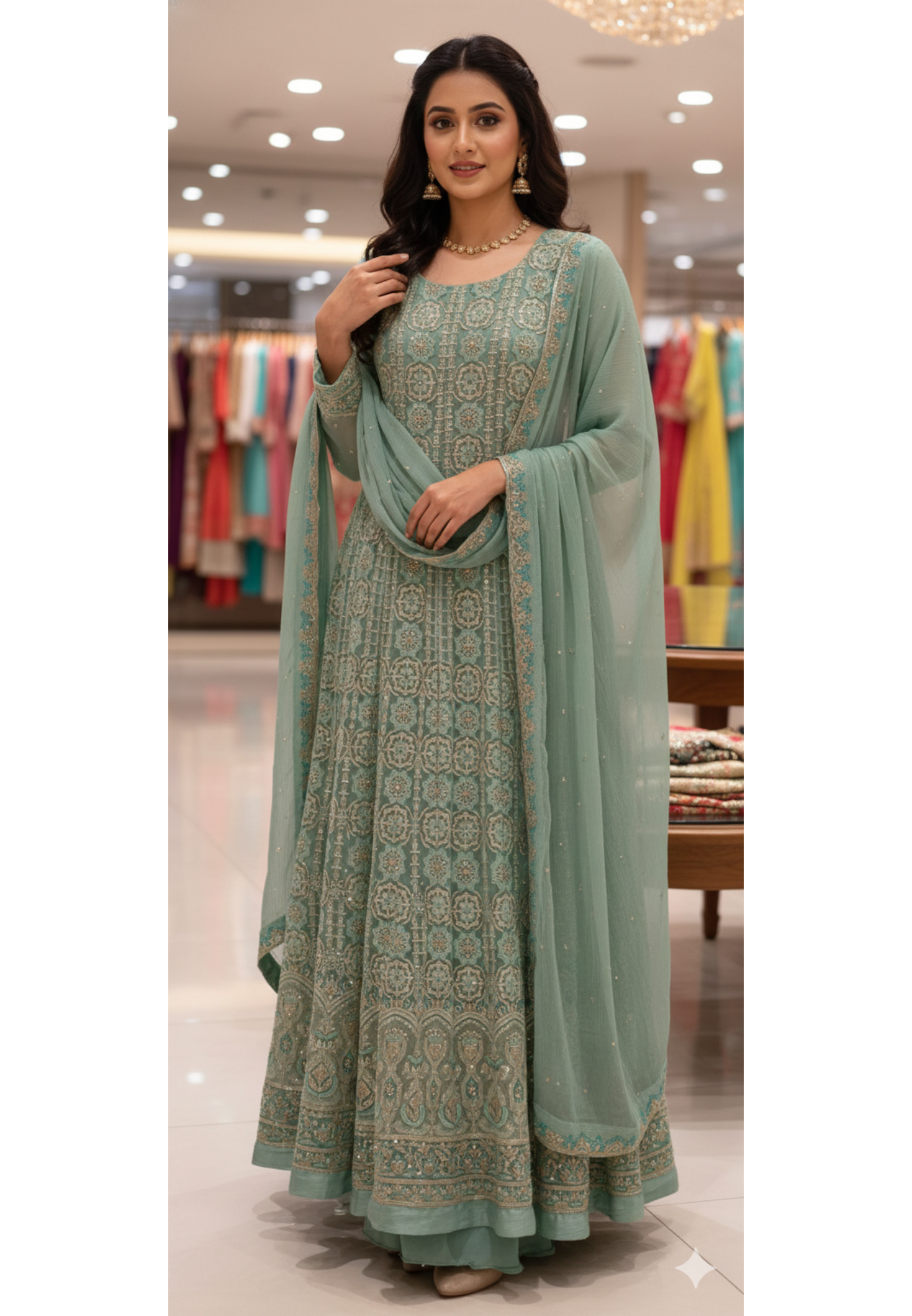 Seafoam Green Hand-Embellished Tiny Stone Work Long Kurta With With Bottom & Dupatta In Premium Georgette Fabric- 13677
