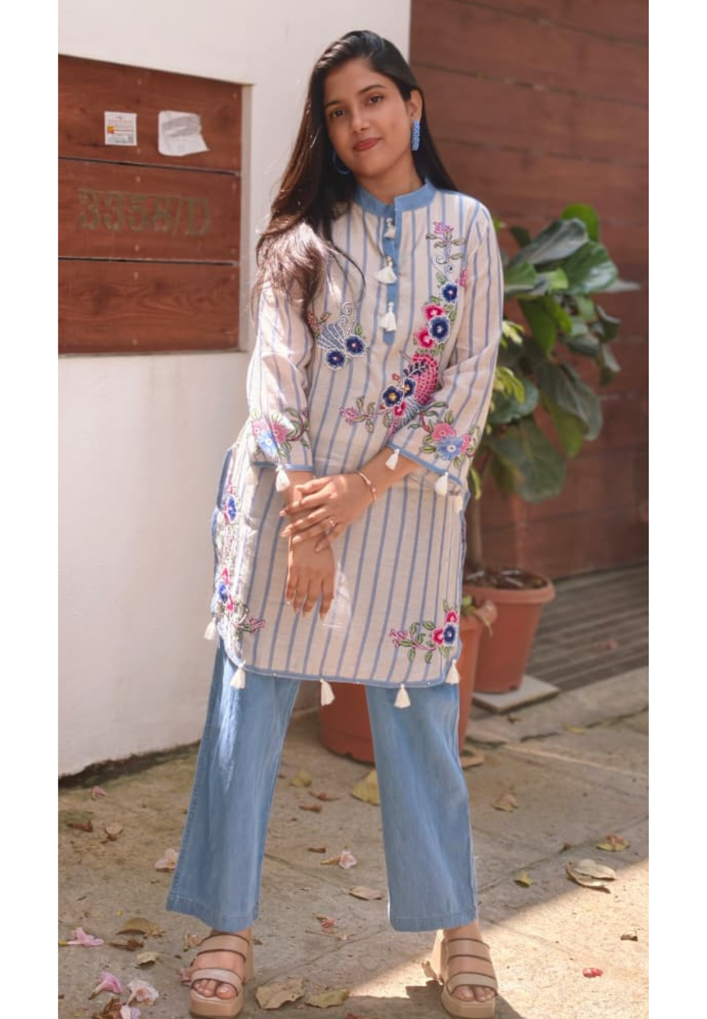Elegant Blue Striped Pure Cotton Co-Ord Set with lining Floral Embroidery & Tassel Detailing 13727