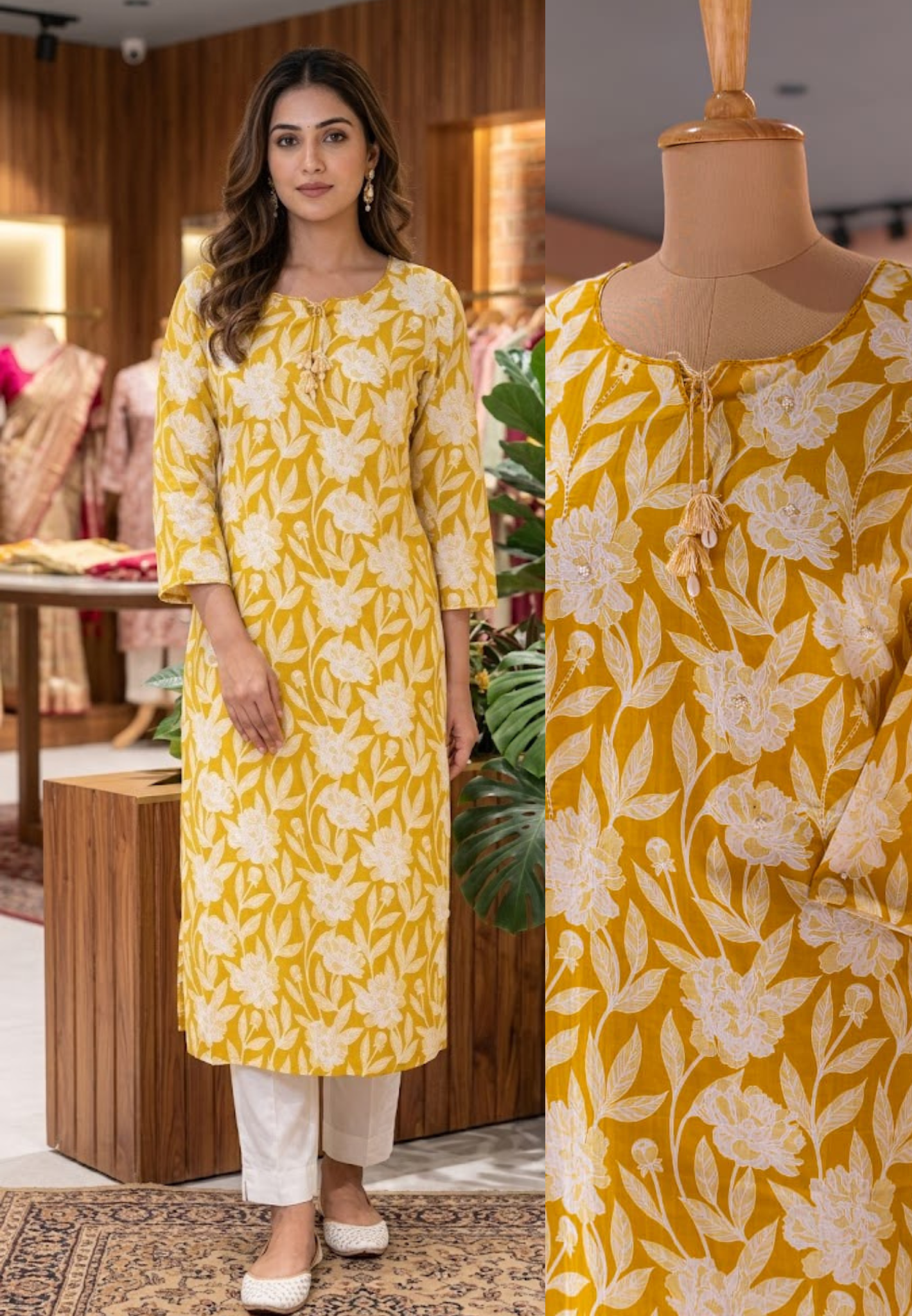 Sheer Elegance Summer Tone Leafy Floral Printed Cotton Kurti Only