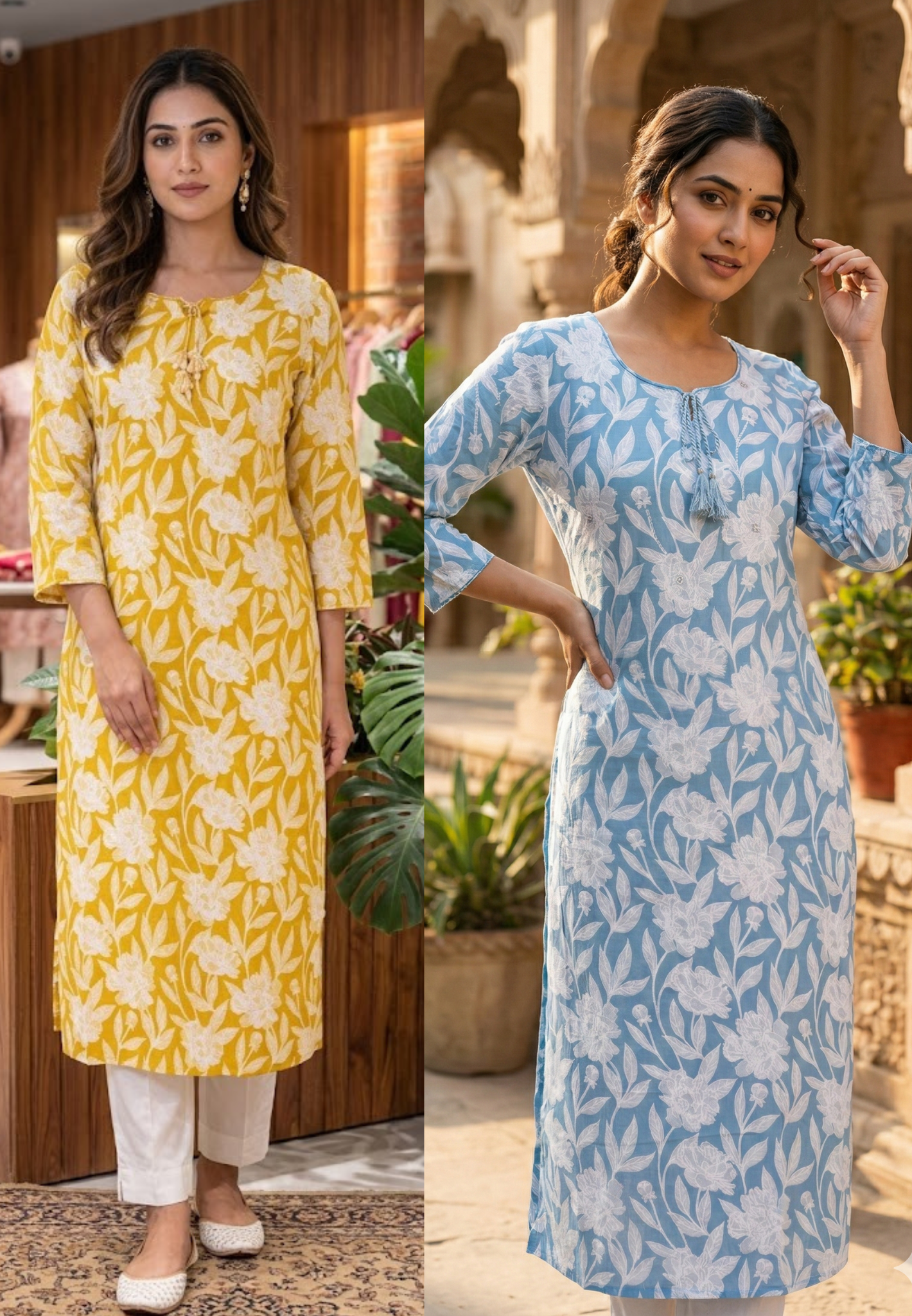 Sheer Elegance Summer Tone Leafy Floral Printed Cotton Kurti Only