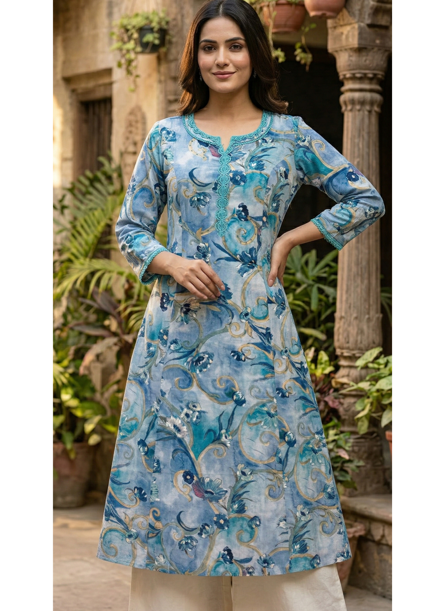 Aline Floral Textured Crosia Neck Line Cotton Kurti Only No Side Slit  (Slightly Lean Fit)