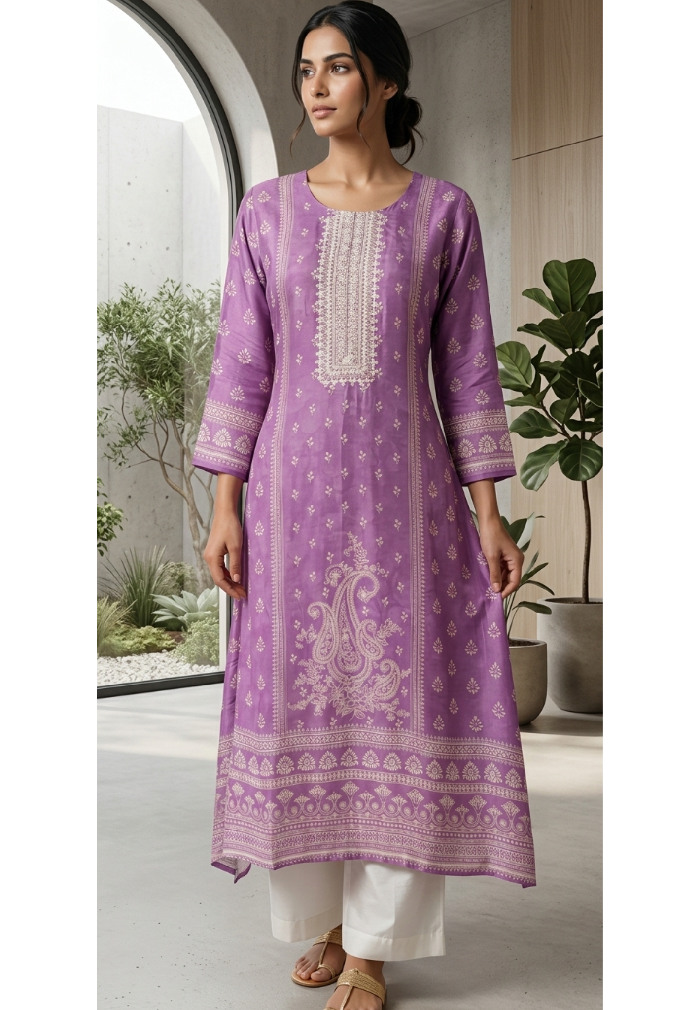 Placement Printed Beautiful Front Yoke Neckline A-Line Muslin Kurti Only