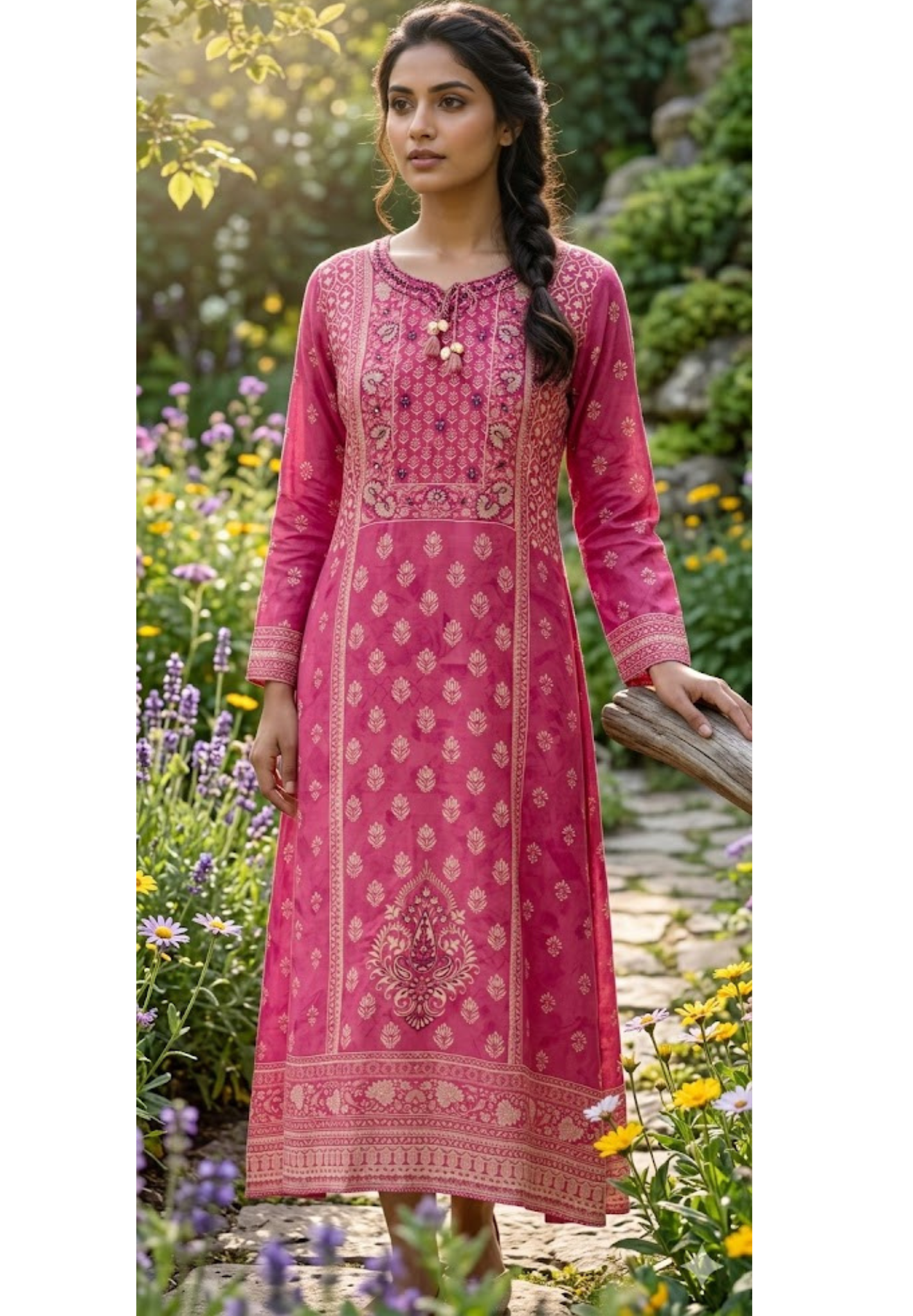 Traditional Print Tasselled Neck A-Line Muslin Kurti Only (Slightly Lean Fit)