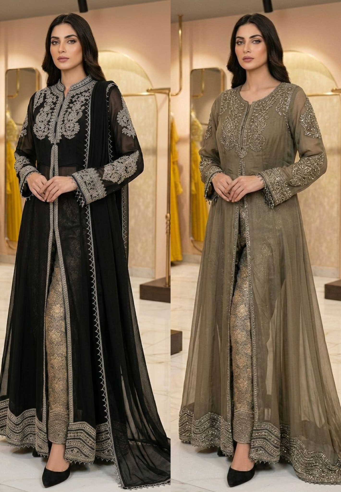 Midnight Grace Onyx Silver Cut-Dana Hand-Embellished Front Slitted Anarkali With Bottom & Dupatta- 13745