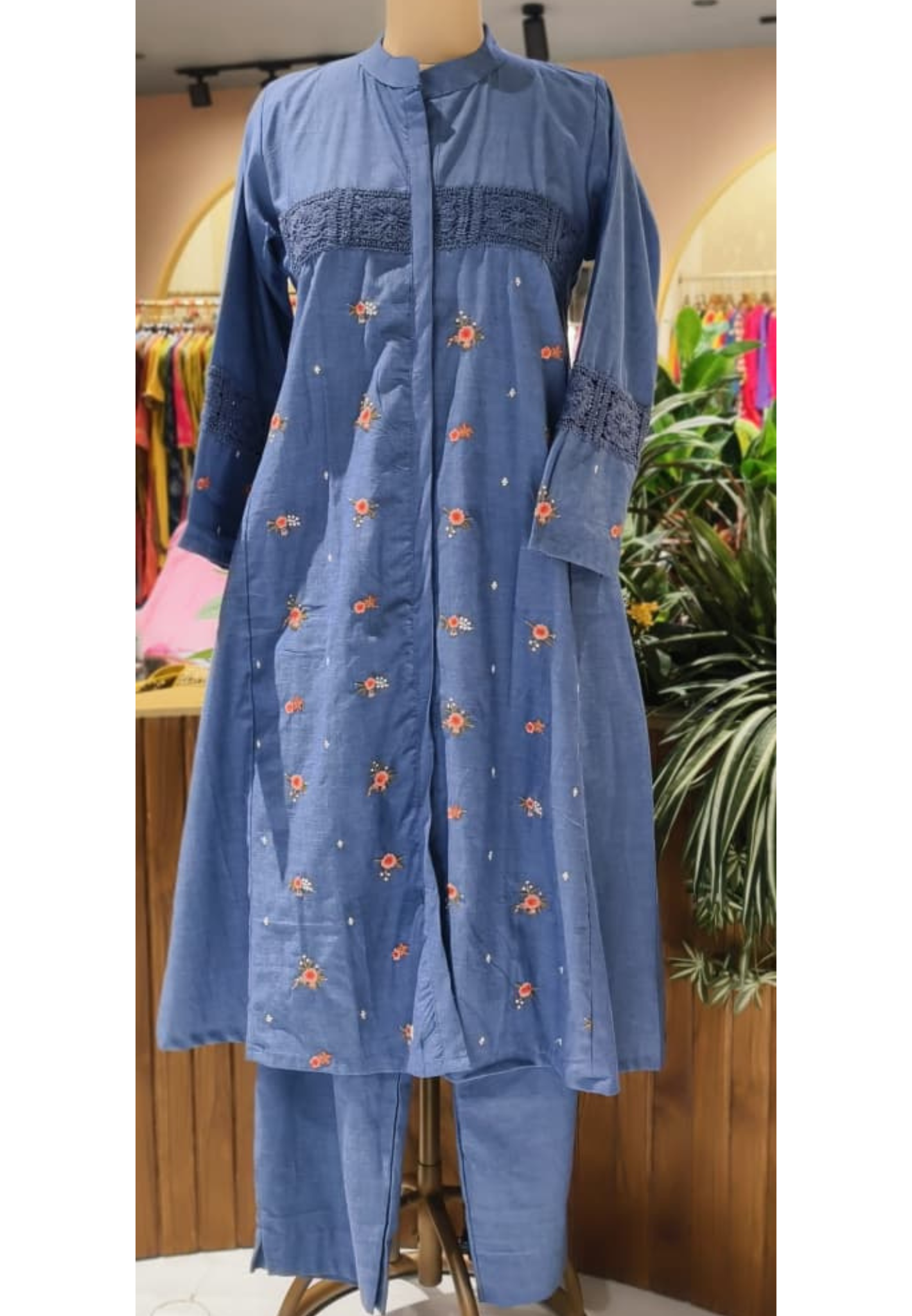 Denim Look Cute Crosia Work Over Waist Floral Embroidery A-Line Kurta Pant Set- 13725