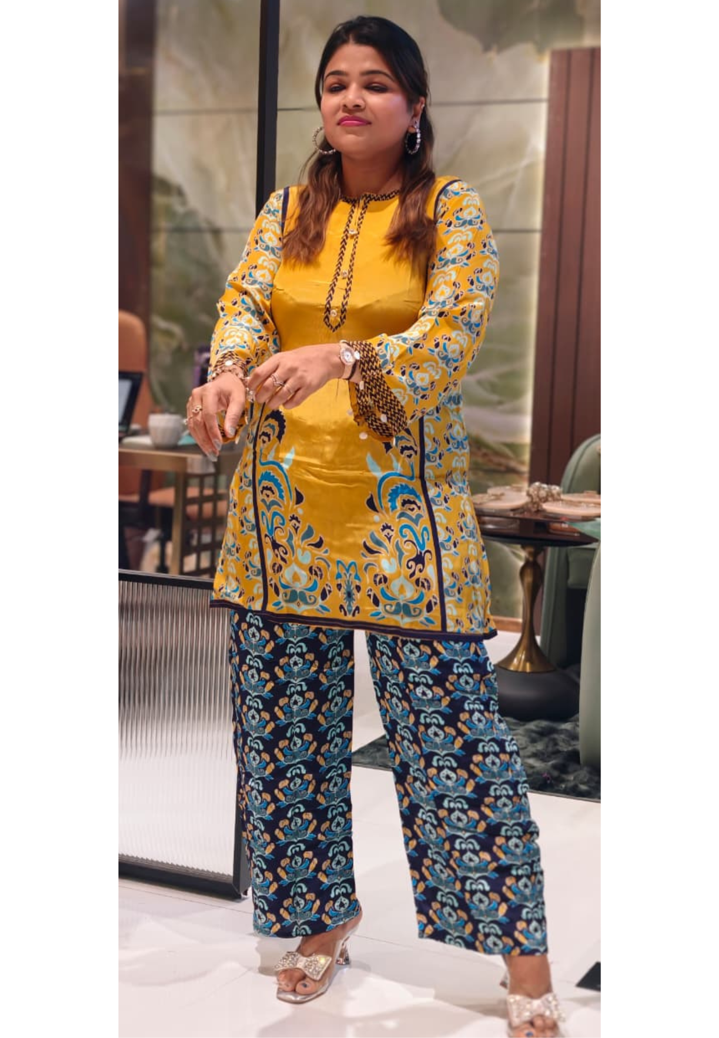 Mosaic Printed Crystaled Buttoned Neck Line Kurta Pant Set In Crepe Fabric(Slightly Lean Fit)- 13759 Dispatching After Monday
