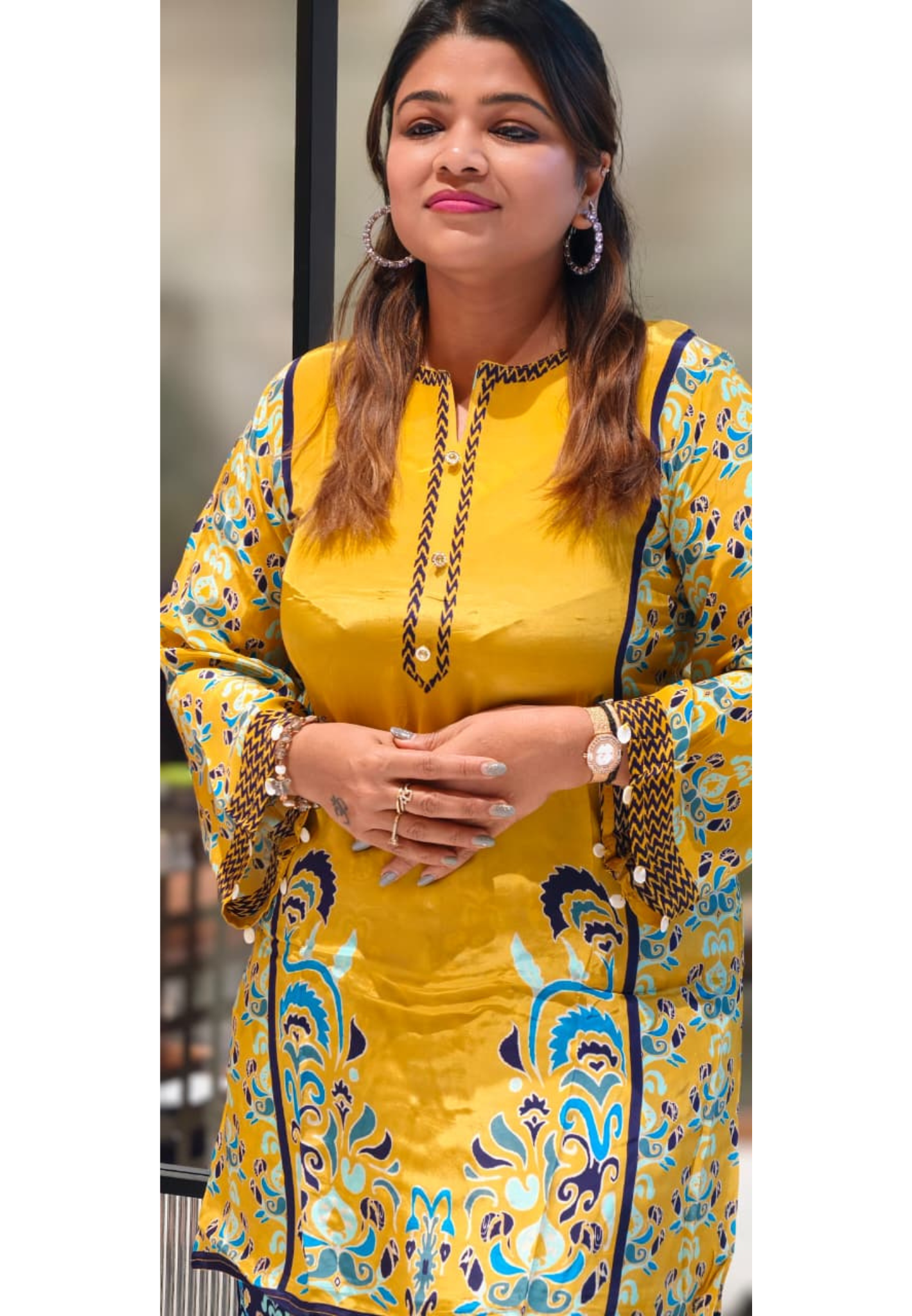 Mosaic Printed Crystaled Buttoned Neck Line Kurta Pant Set In Crepe Fabric(Slightly Lean Fit)- 13759 Dispatching After Monday