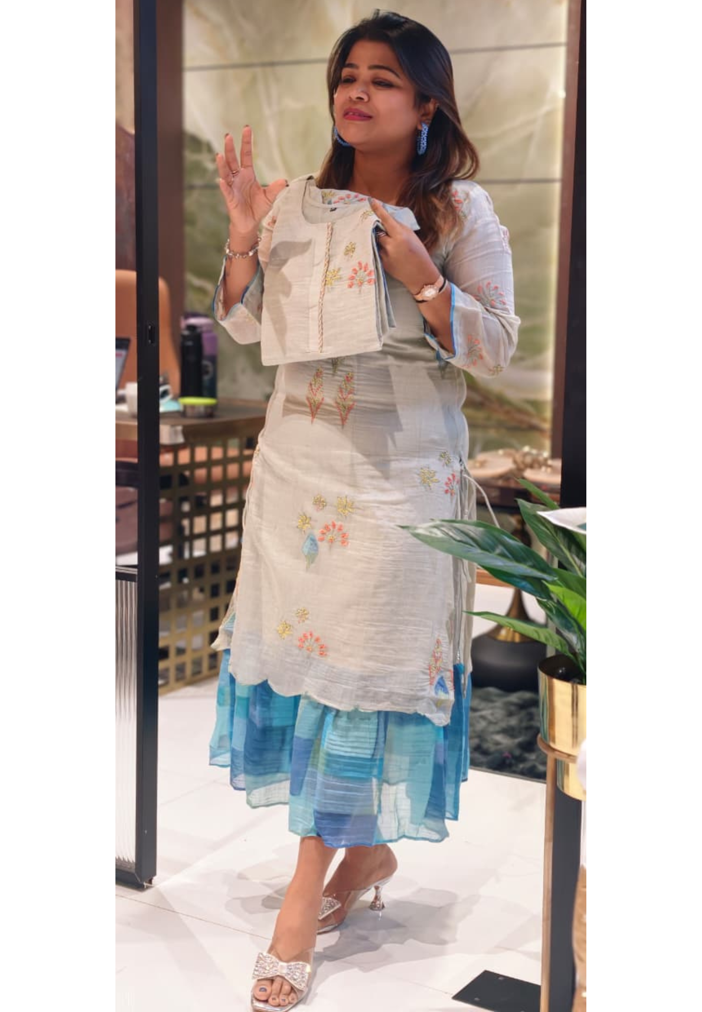 Maized Floral Fine Embroidery Ash Toned Double Layered Gown In Pure Mul Chanderi Fabric(Slightly Lean Fit)- 13772