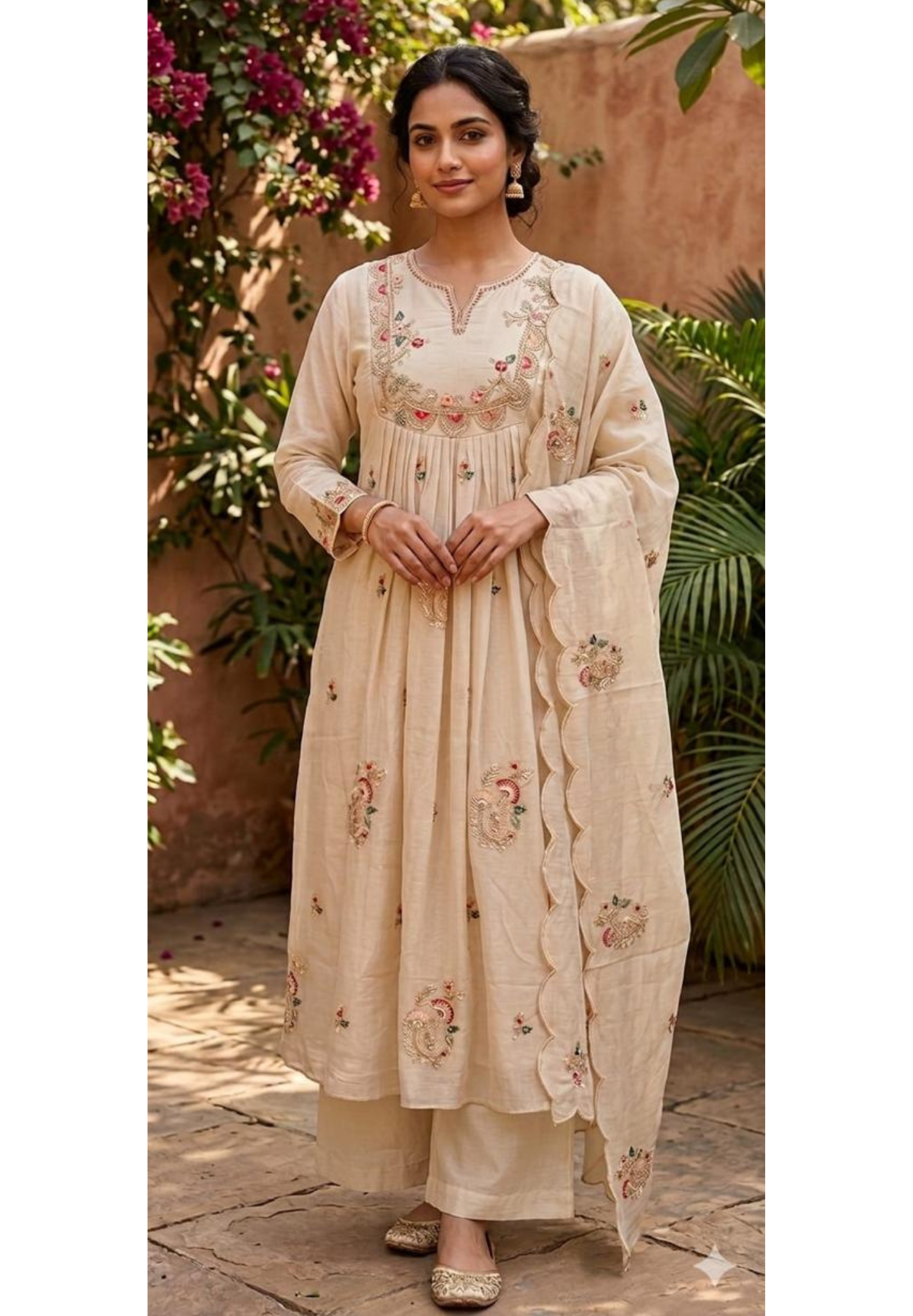 Ivory Dainty Floral Embroidered A-Line Full Suit Set With Dupatta In Mul-Chanderi Fabric-13771
