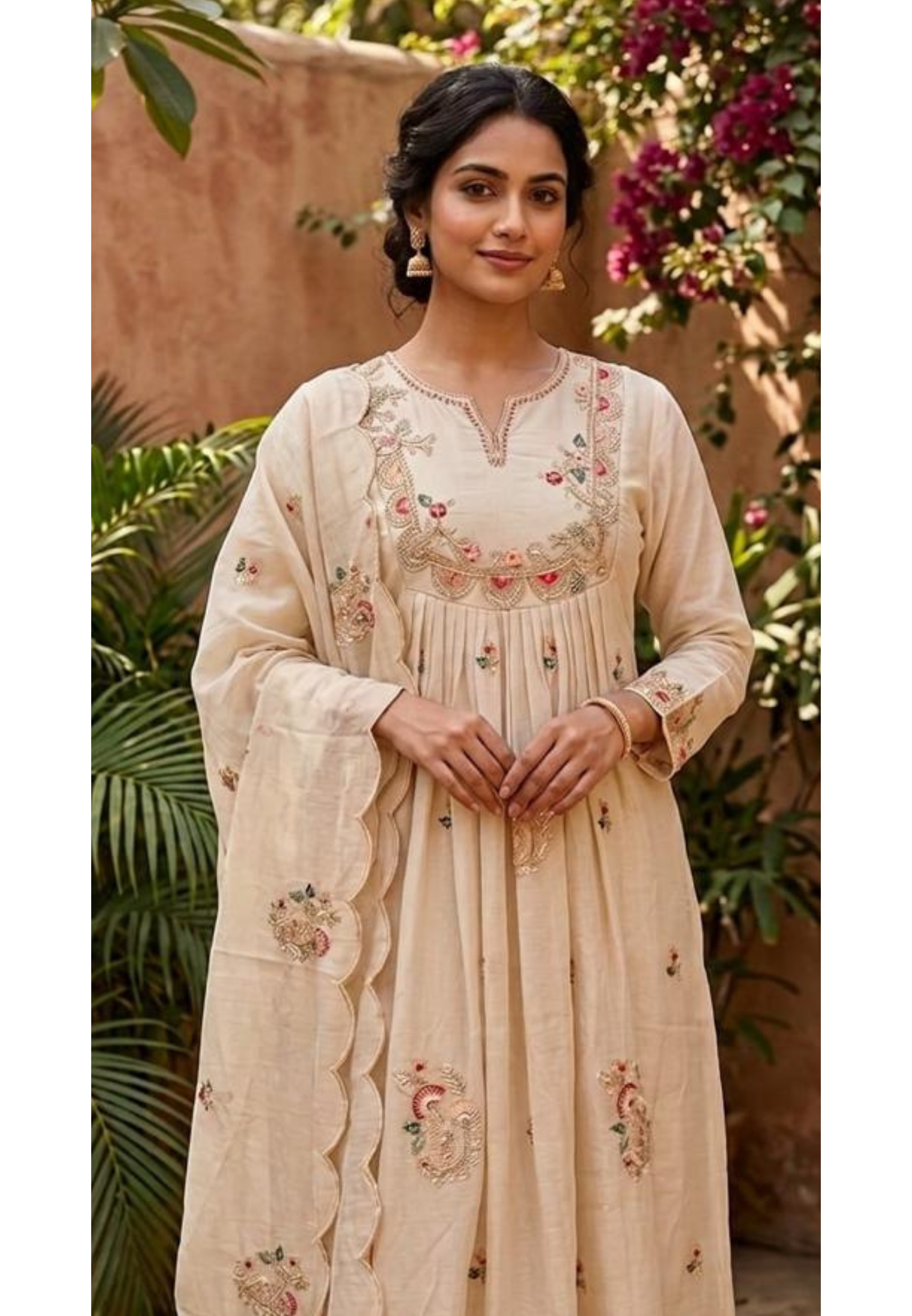 Ivory Dainty Floral Embroidered A-Line Full Suit Set With Dupatta In Mul-Chanderi Fabric-13771