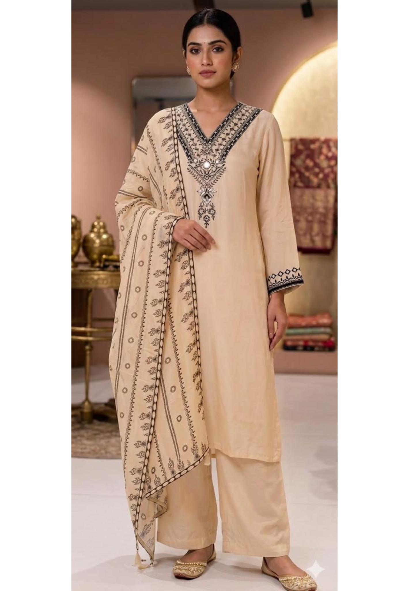 Real Mirror Embroidered Over Neck & Sleeve Plain Full Suit Set With Printed Dupatta In Crepe Fabric (Lining Inside)- 13756