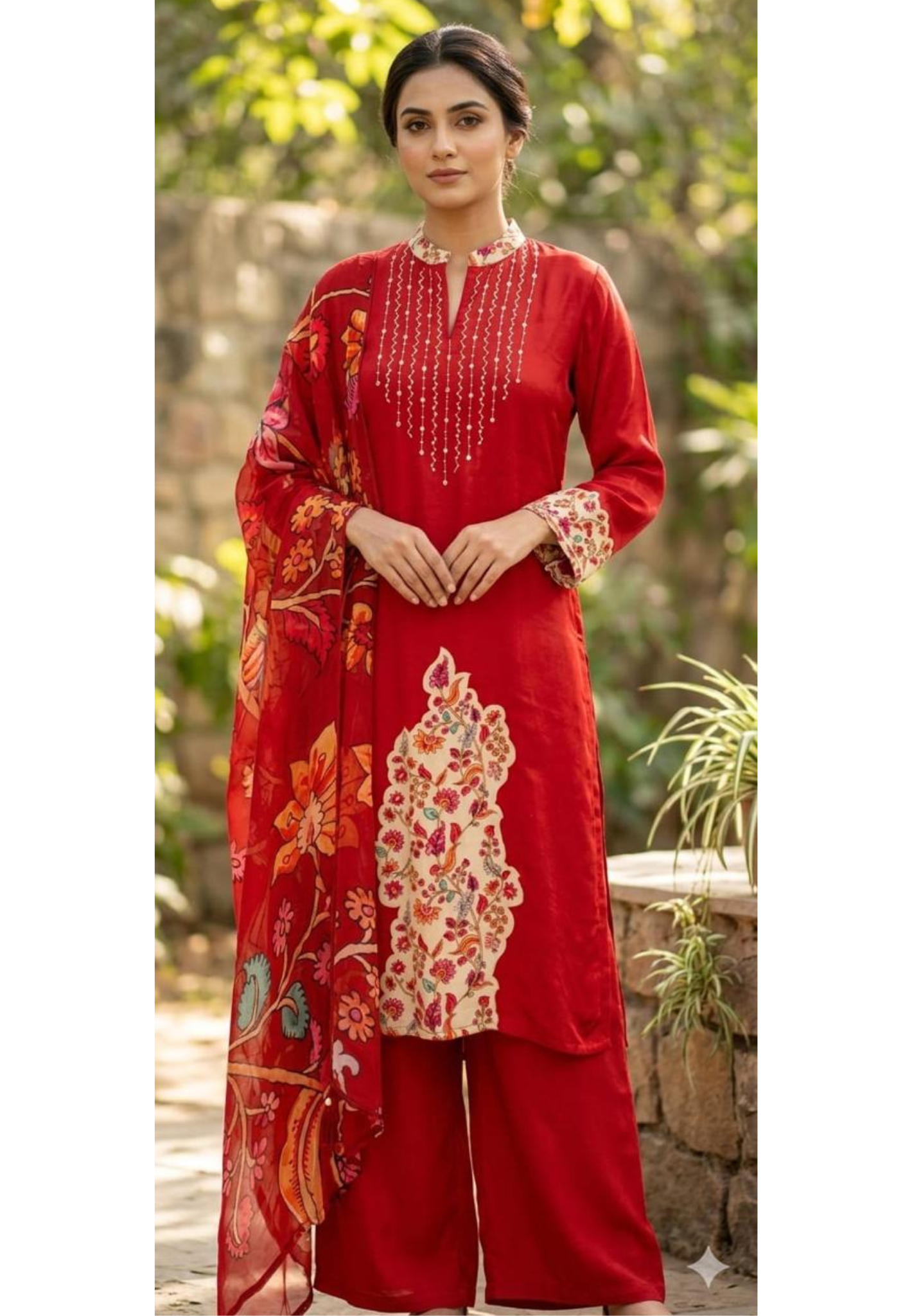 Graceful Ajrakh Digital Floral Print Crimson Full Suit Set With Dupatta In Crepe Fabric-13757 (Slightly Lean Fit)