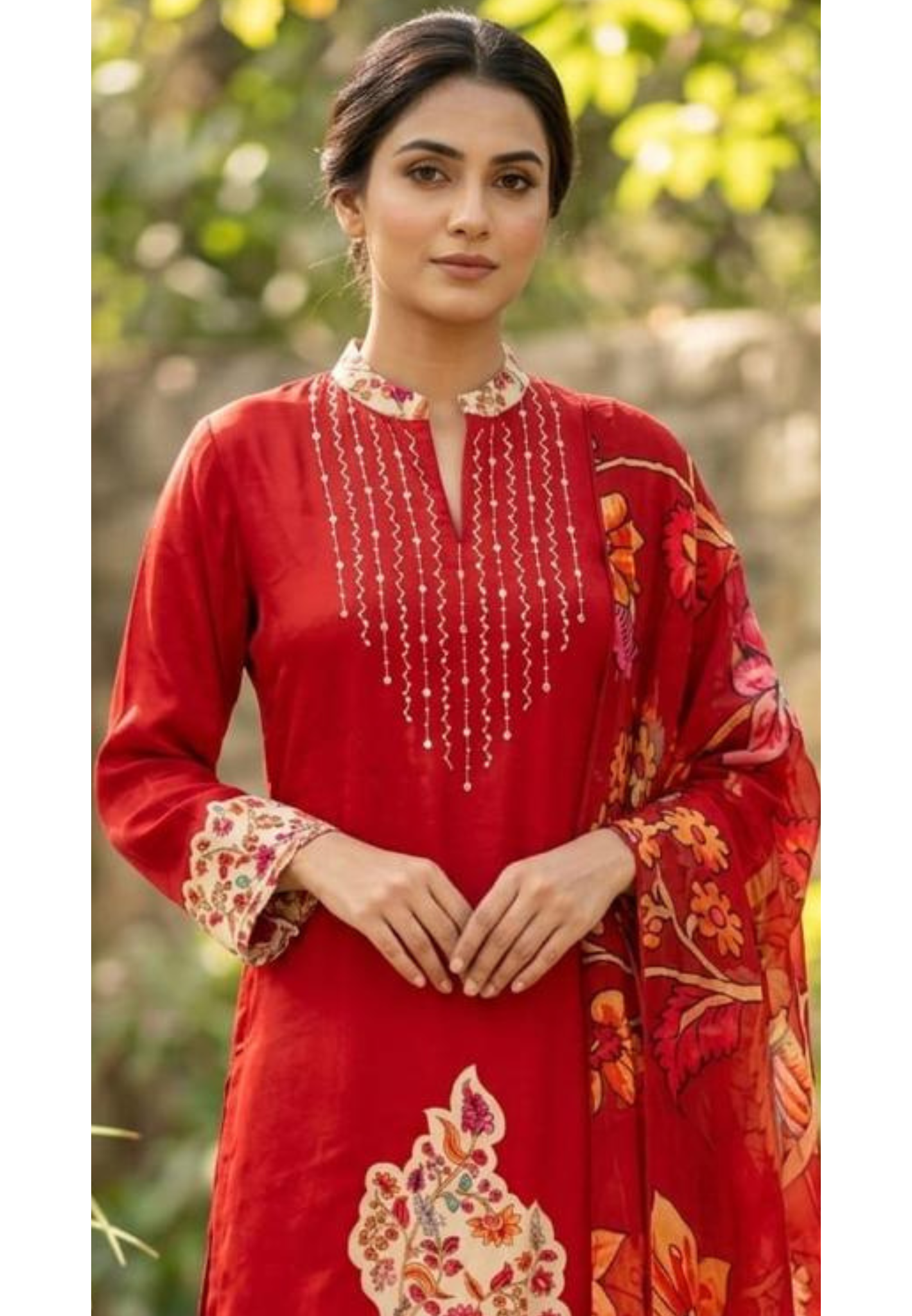 Graceful Ajrakh Digital Floral Print Crimson Full Suit Set With Dupatta In Crepe Fabric-13757 (Slightly Lean Fit)