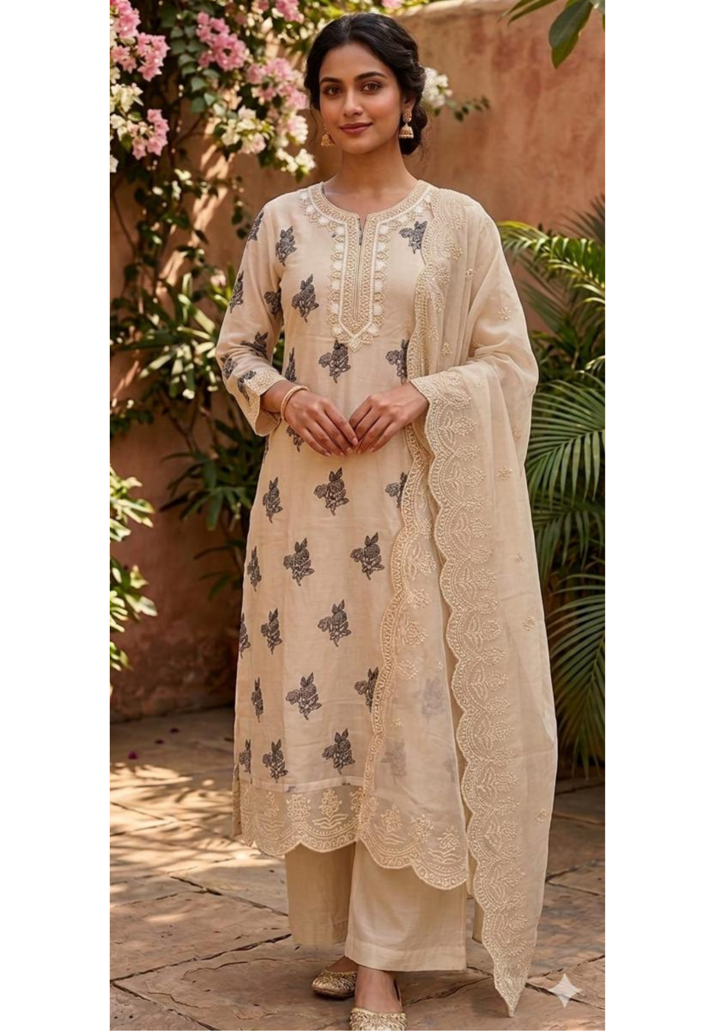 Printed Floral Placement Pearl Embroidered Neck Line Suttle Full Suit Set With Dupatta In Organza Fabric- 13769