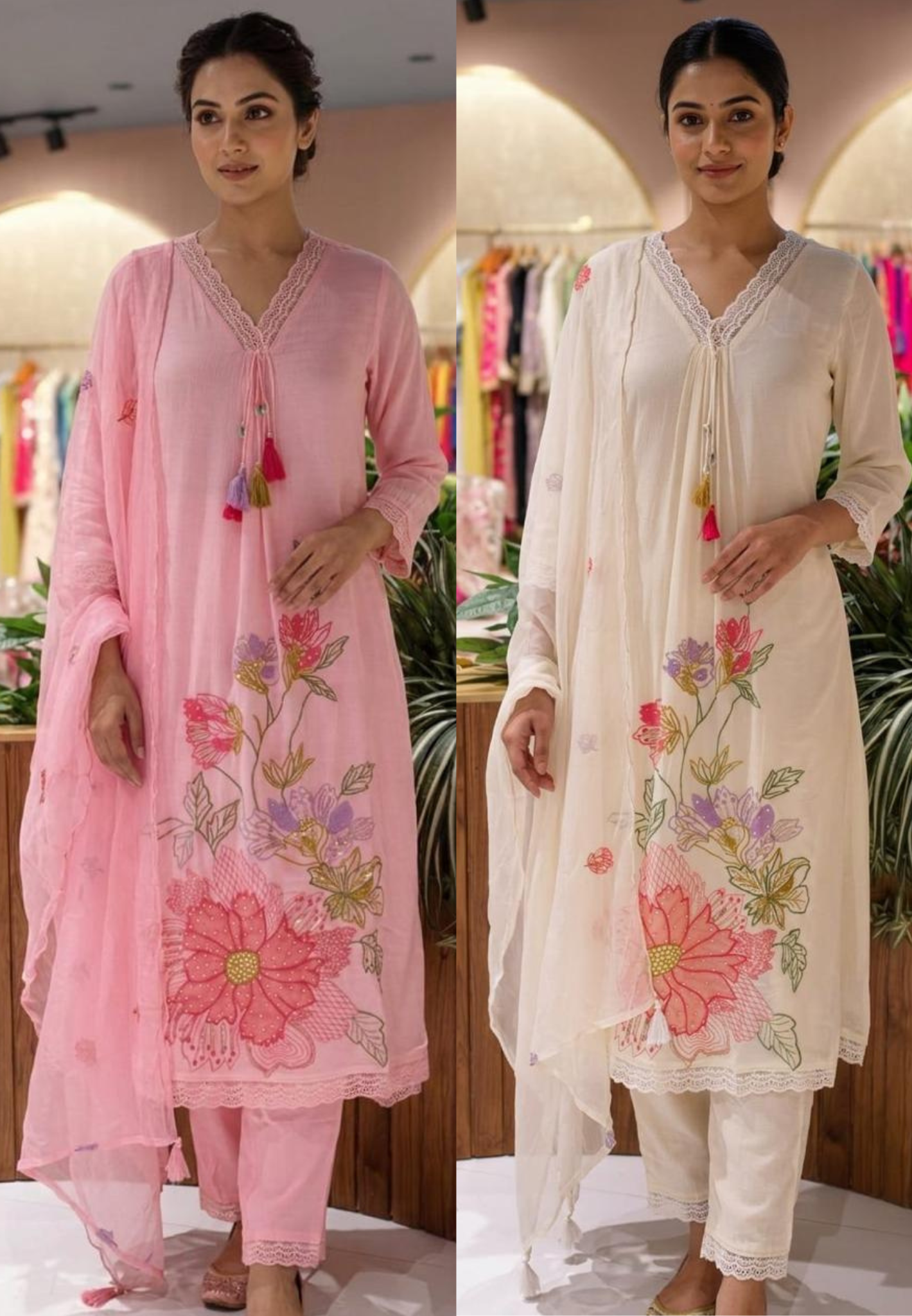 Floral Meadowed Patch Look Crosia Work A-Line Full Suit Set With Dupatta In Crush Cotton Fabric- 13780