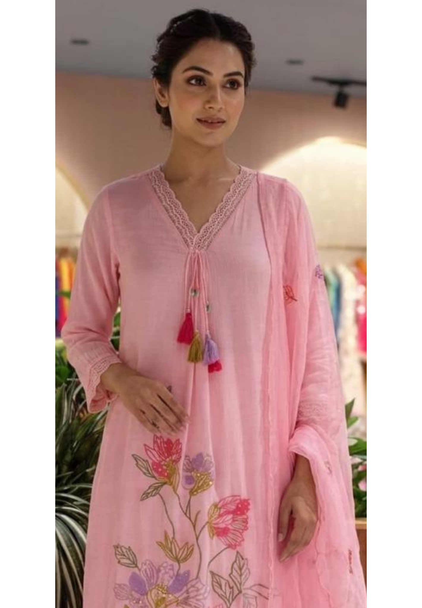 Floral Meadowed Patch Look Crosia Work A-Line Full Suit Set With Dupatta In Crush Cotton Fabric- 13780