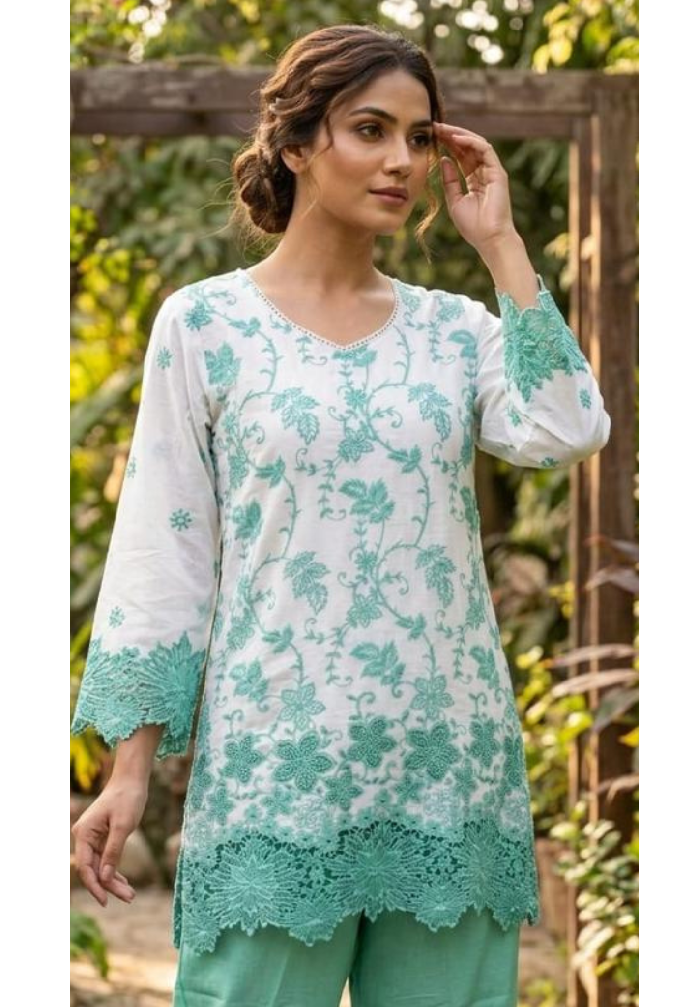 Very Fine Intricate Embroidery Minimal Laced Neck Line With Cut Work Co-Ord Set In Cotton Fabric With Lining- 13768