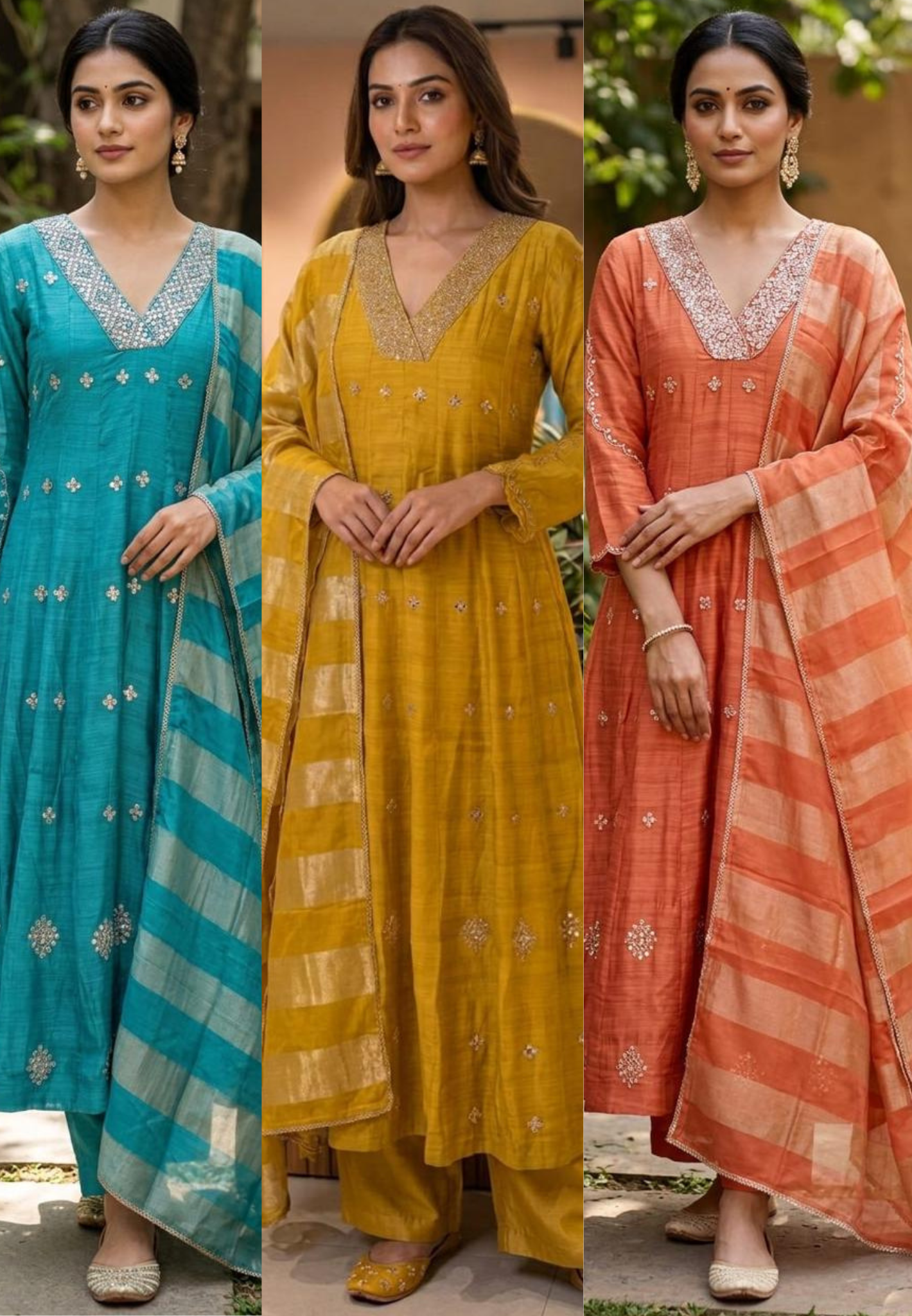 Elegant Real Mirror Embroidered With Cut Dana Panel Anarkali Full Suit Set With Dupatta In Mul Chanderi Fabric- 13763