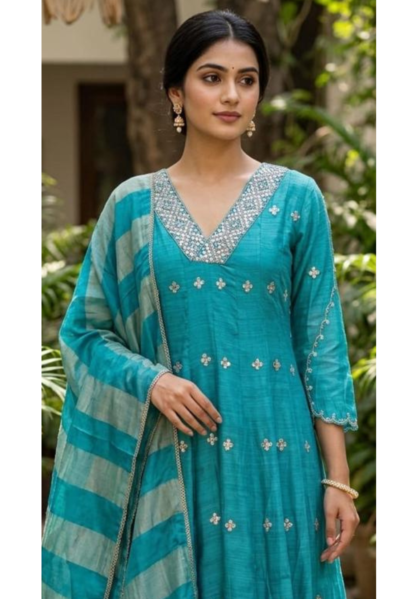 Elegant Real Mirror Embroidered With Cut Dana Panel Anarkali Full Suit Set With Dupatta In Mul Chanderi Fabric- 13763