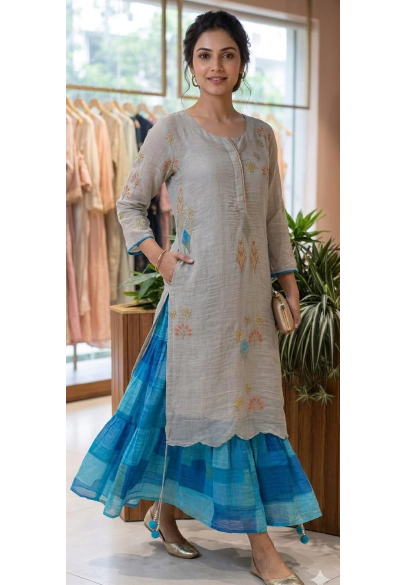 Maized Floral Fine Embroidery Ash Toned Double Layered Gown In Pure Mul Chanderi Fabric(Slightly Lean Fit)- 13772