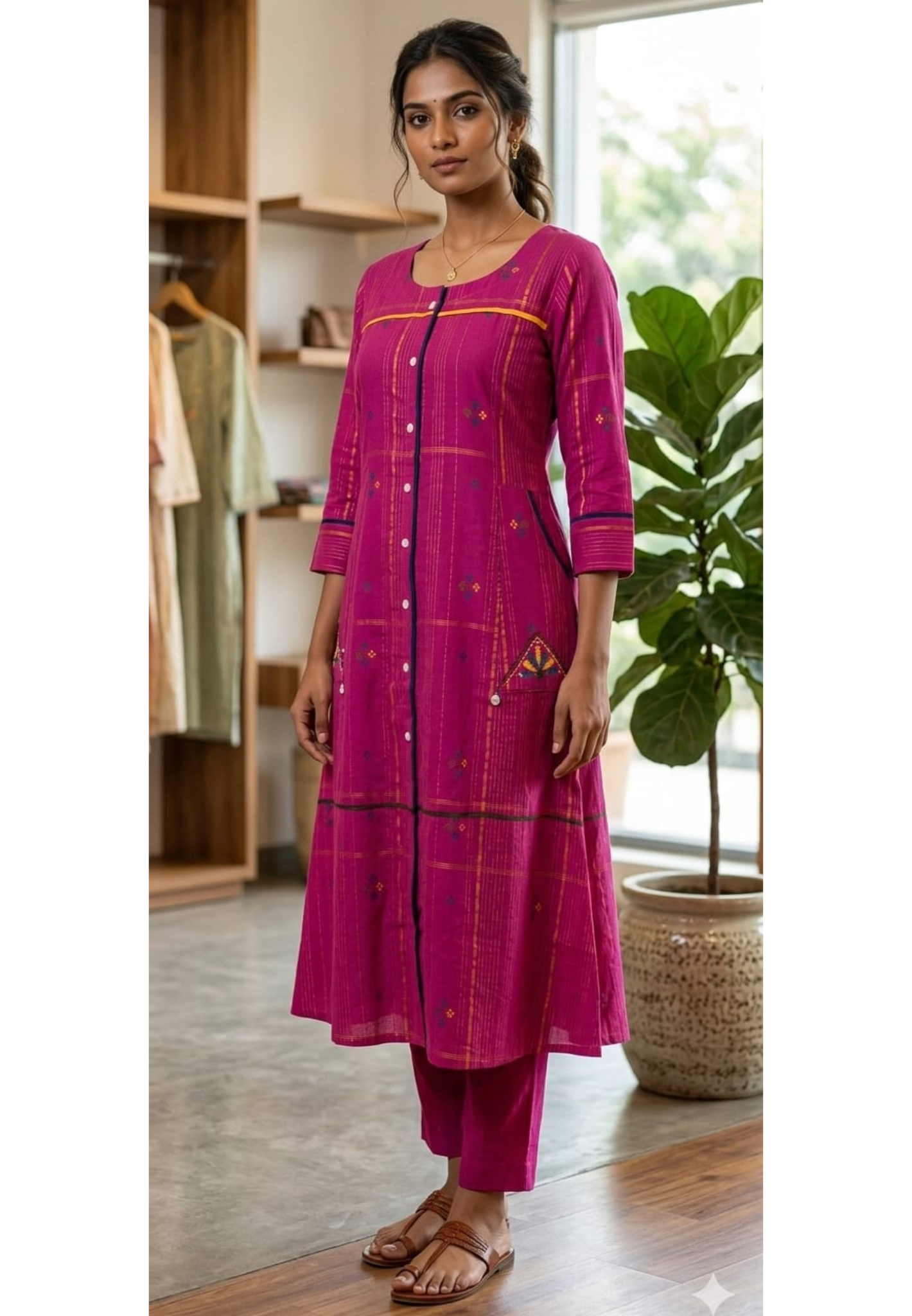 Minimal Embroidered Work Casual Wear A-Line Kurta With Bottom In Cotton Fabric- 13645