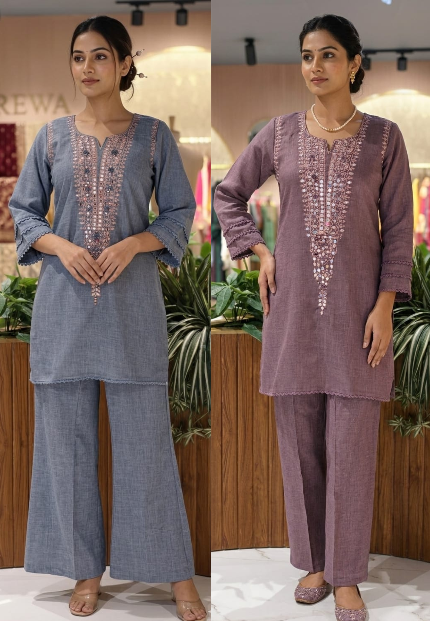 Real Mirror With Thread Upwork Coiled V-Yoke Kurta Pant Set In Jute Cotton Fabric- 13761