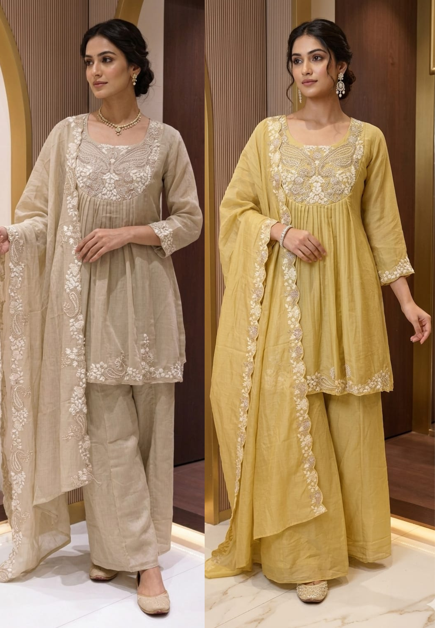 Zardosi Rich Look Yoke Suttle Short Length A-Line Full Suit Set With Loose Bottom In Mul Chanderi Fabric- 13722